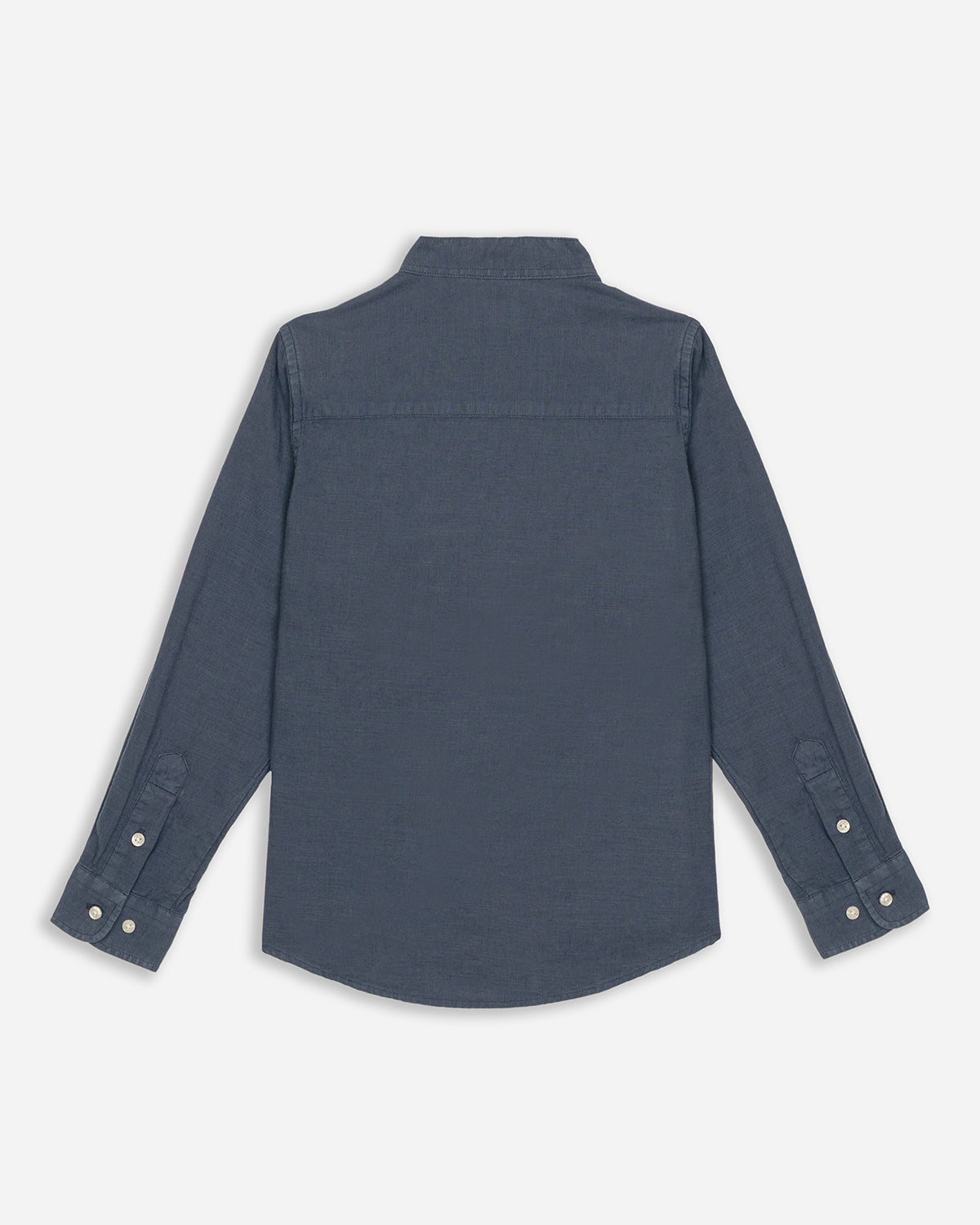 Camisa Navy Seal Kids en lino y algodón azul marino, plano trasero con cuello mao y puños con botones de nácar