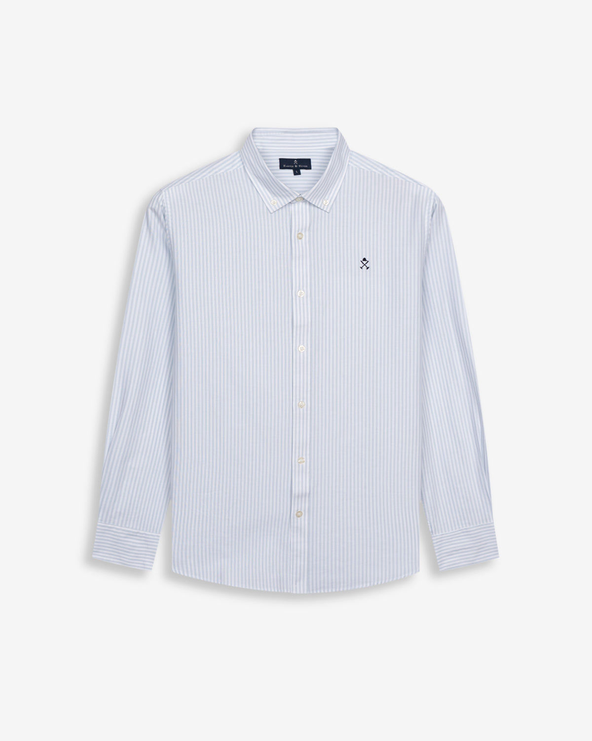Camisa North Sea de Harper & Neyer de rayas azul cielo, cuello button down y logo bordado, vista frontal