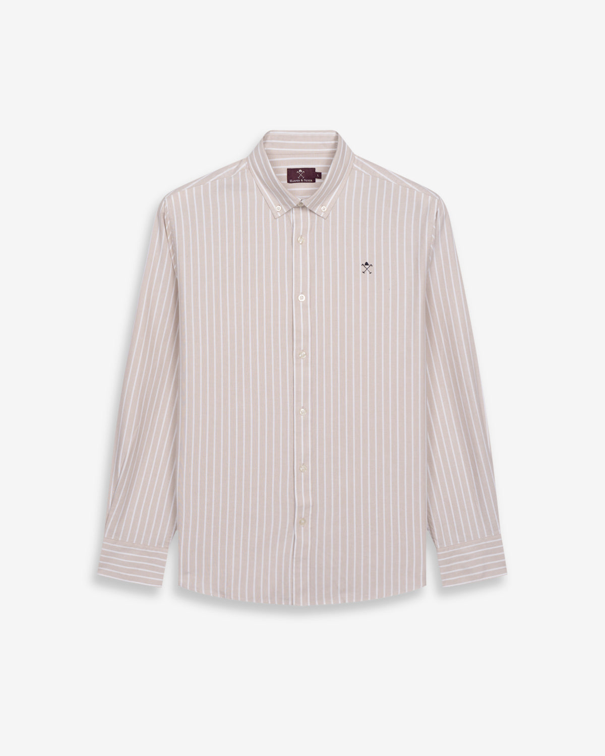 Camisa SHORELINE ELITE de Harper & Neyer a rayas anchas camel, packshot frontal sobre fondo blanco