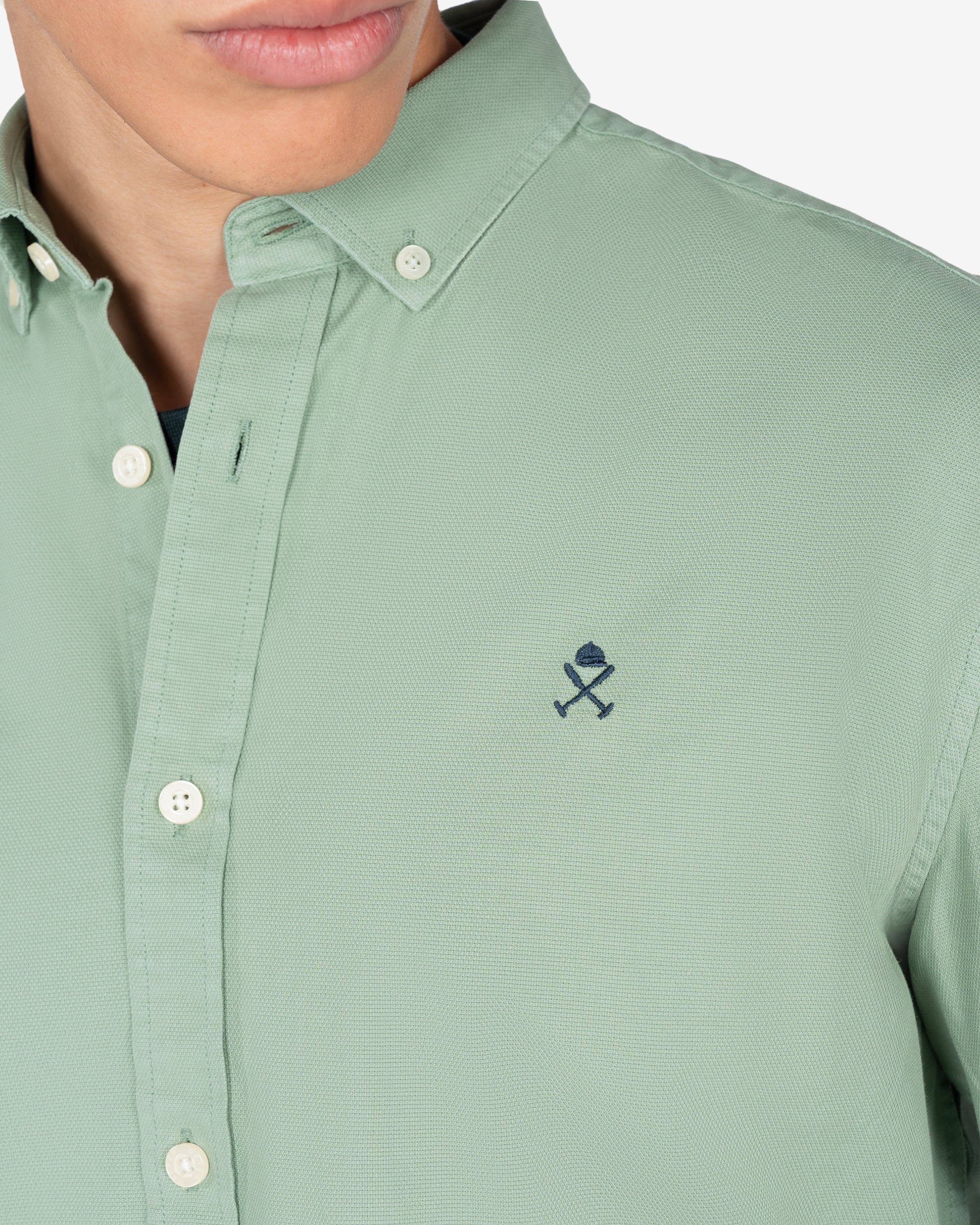 Camisa Veneto de Harper & Neyer lisa en verde salvia en 100% algodón, detalle de cuello y logo bordado