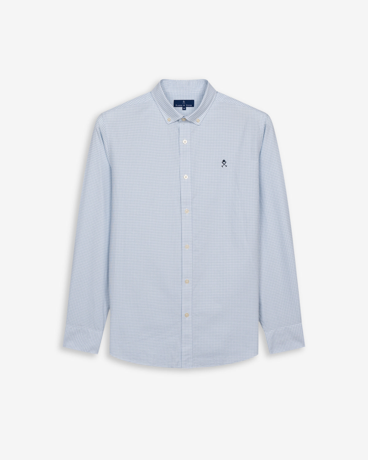 Camisa Vichy de Harper & Neyer de cuadros azul cielo, cuello button down y logo bordado, vista frontal