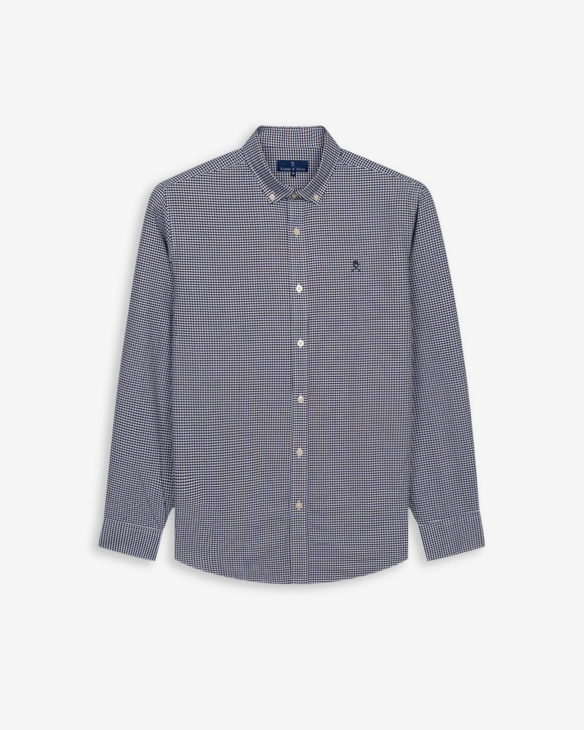 Camisa Vichy de Harper & Neyer de cuadros azul marino, cuello button down y logo bordado, vista frontal