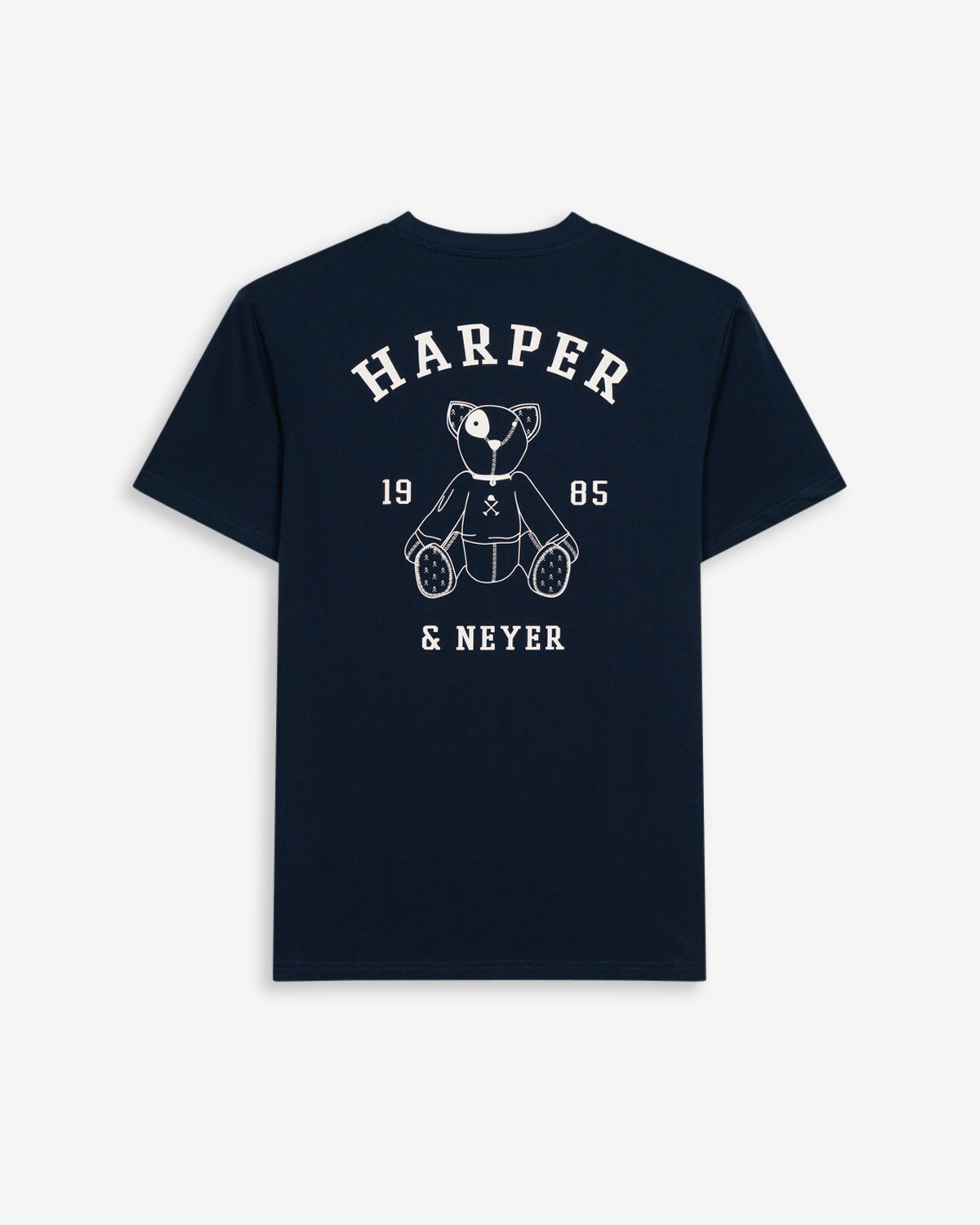 Camiseta Arthur de Harper & Neyer en azul marino, vista trasera con gráfico de osito y logo estampado