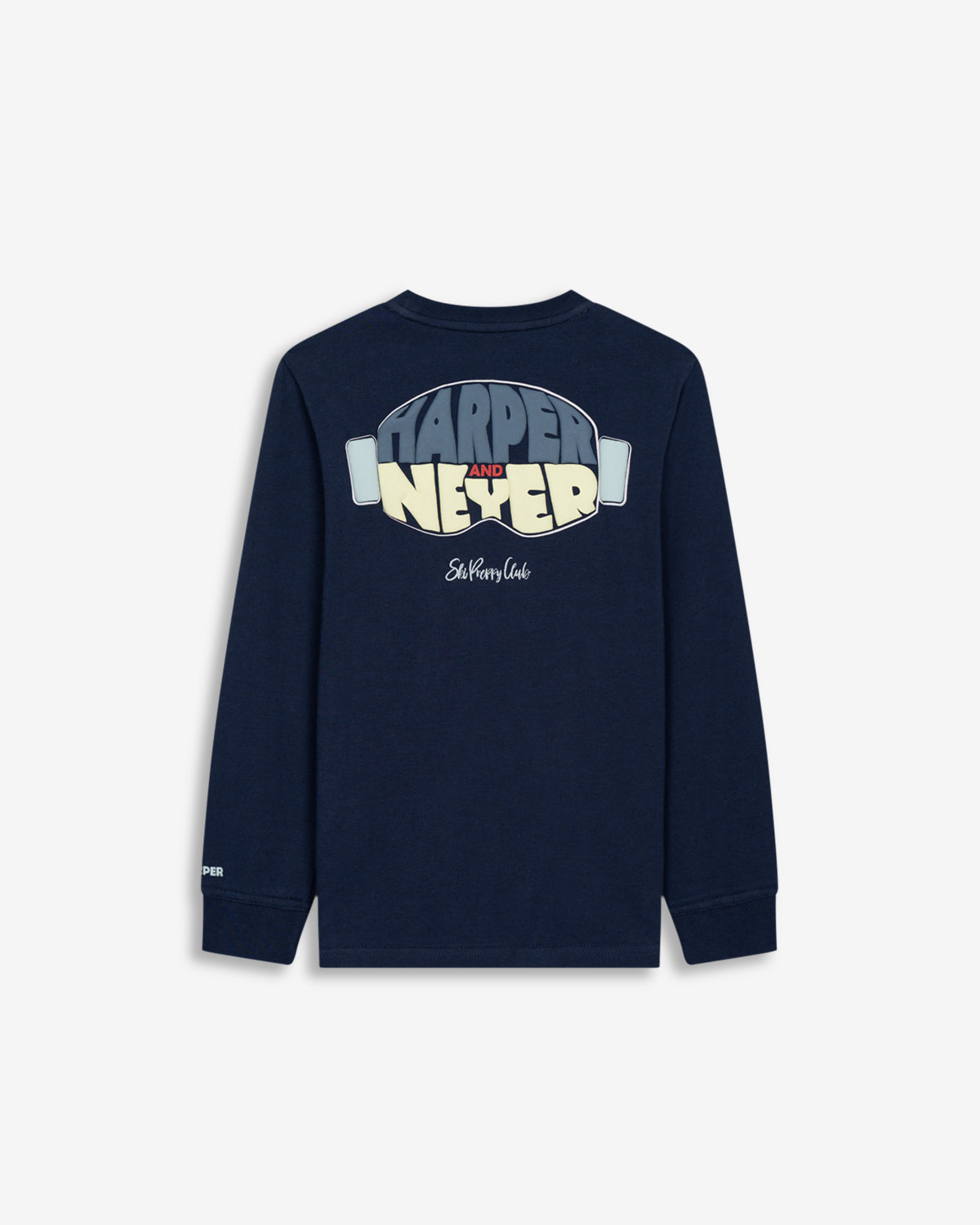 Camiseta EVERGREEN KIDS azul marino de Harper & Neyer, vista trasera con estampado Ski Preppy Club en gafas de esquí