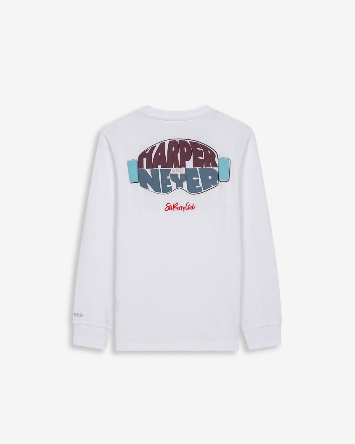 Camiseta EVERGREEN KIDS blanca de Harper & Neyer, vista trasera con estampado Ski Preppy Club en gafas de esquí