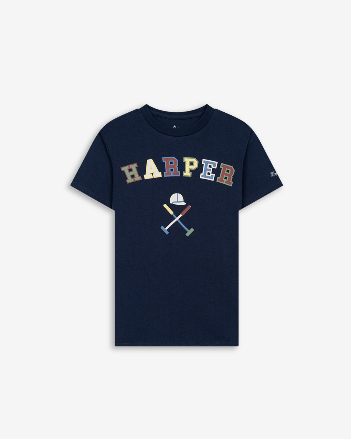 Camiseta RETRO KIDS de Harper & Neyer en algodón azul marino, vista frontal con estampado vintage multicolor