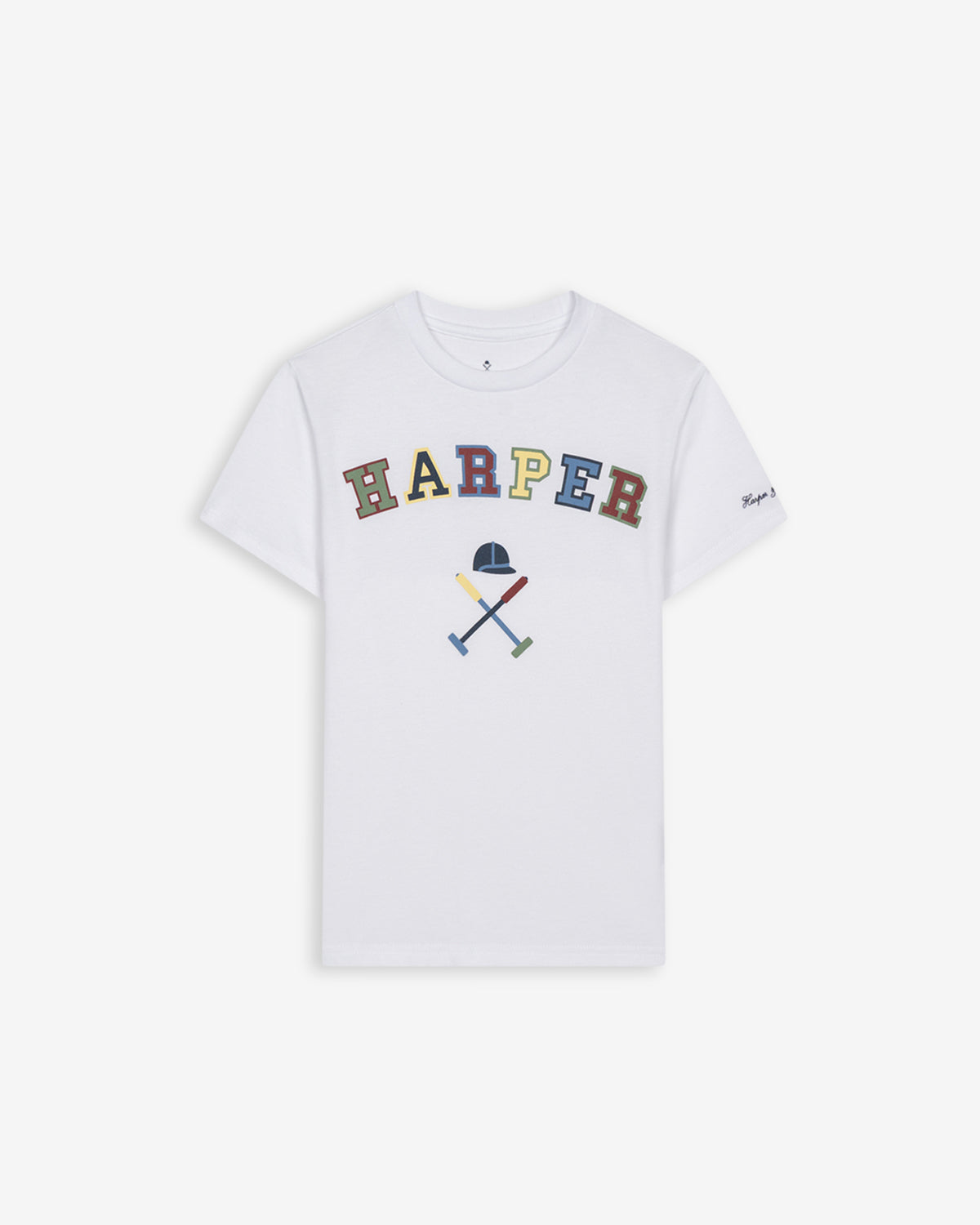 Camiseta RETRO KIDS de Harper & Neyer en algodón blanco, vista frontal con estampado vintage multicolor