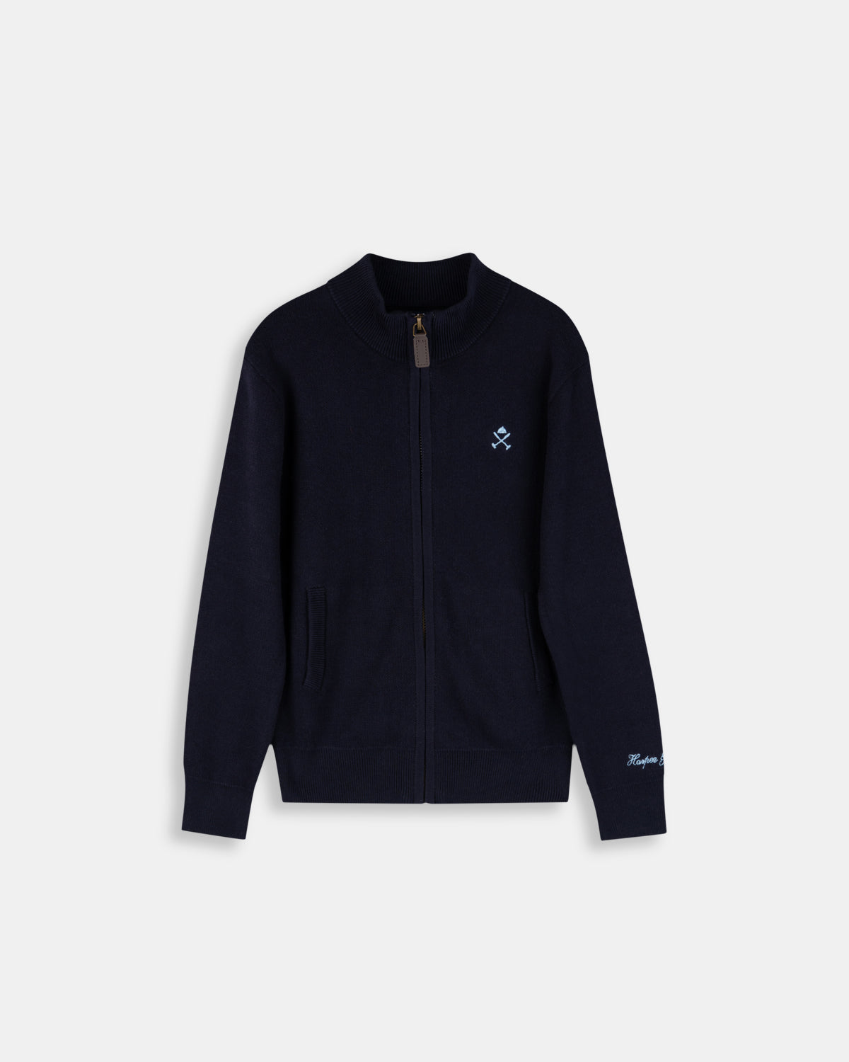 Cárdigan Zipper Kids de Harper & Neyer en azul marino, bodegón frontal con cremallera y logo azul cielo