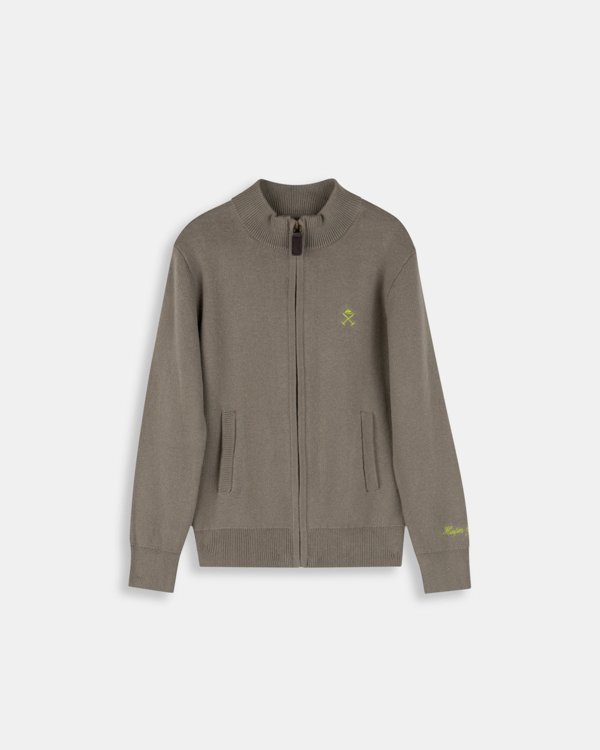 Cárdigan Zipper Kids de Harper & Neyer en verde salvia, bodegón frontal con cremallera y logo verde lima