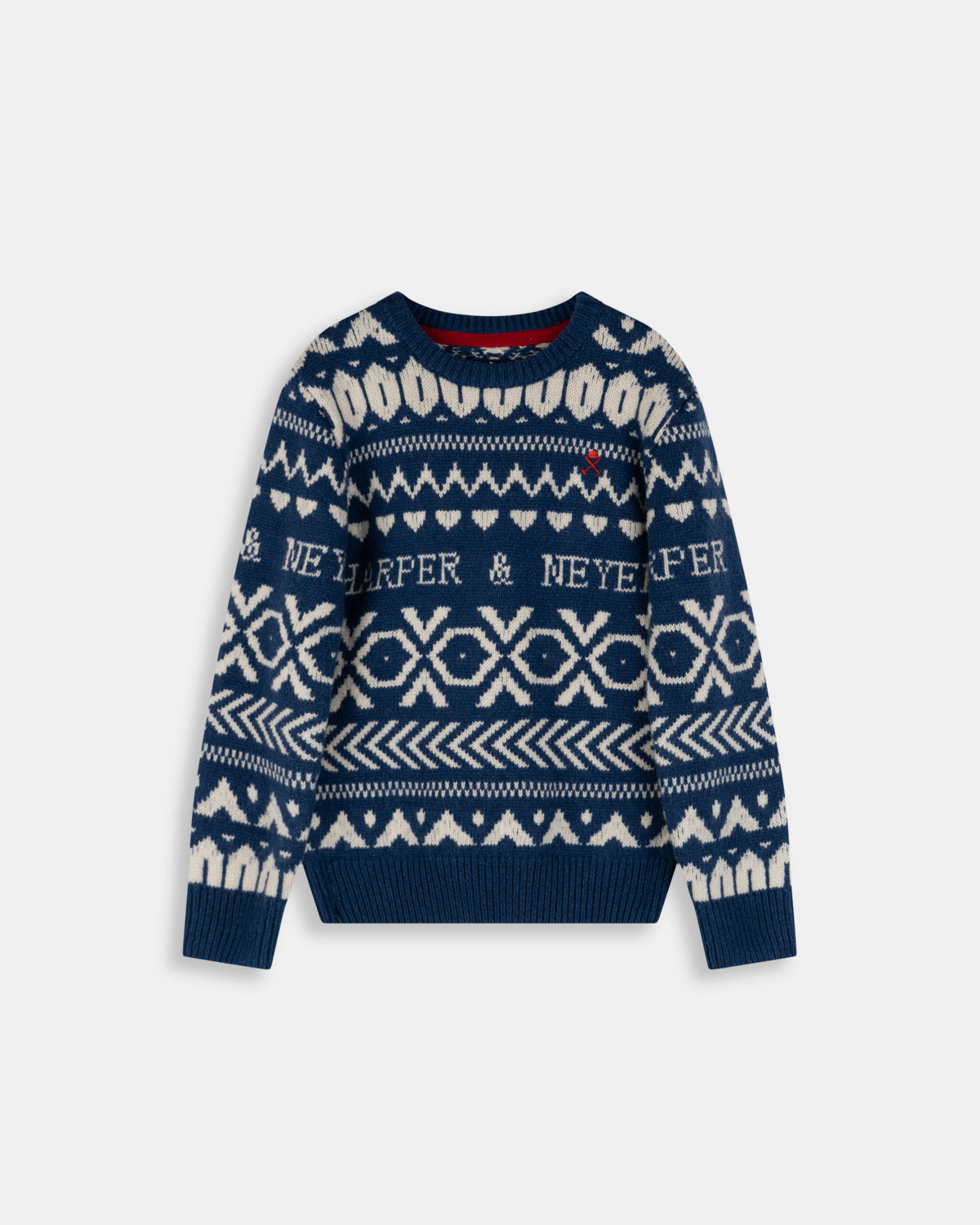 Jersey Aspen Kids de Harper & Neyer en azul cobalto, bodegón frontal con jacquard nórdico en crudo