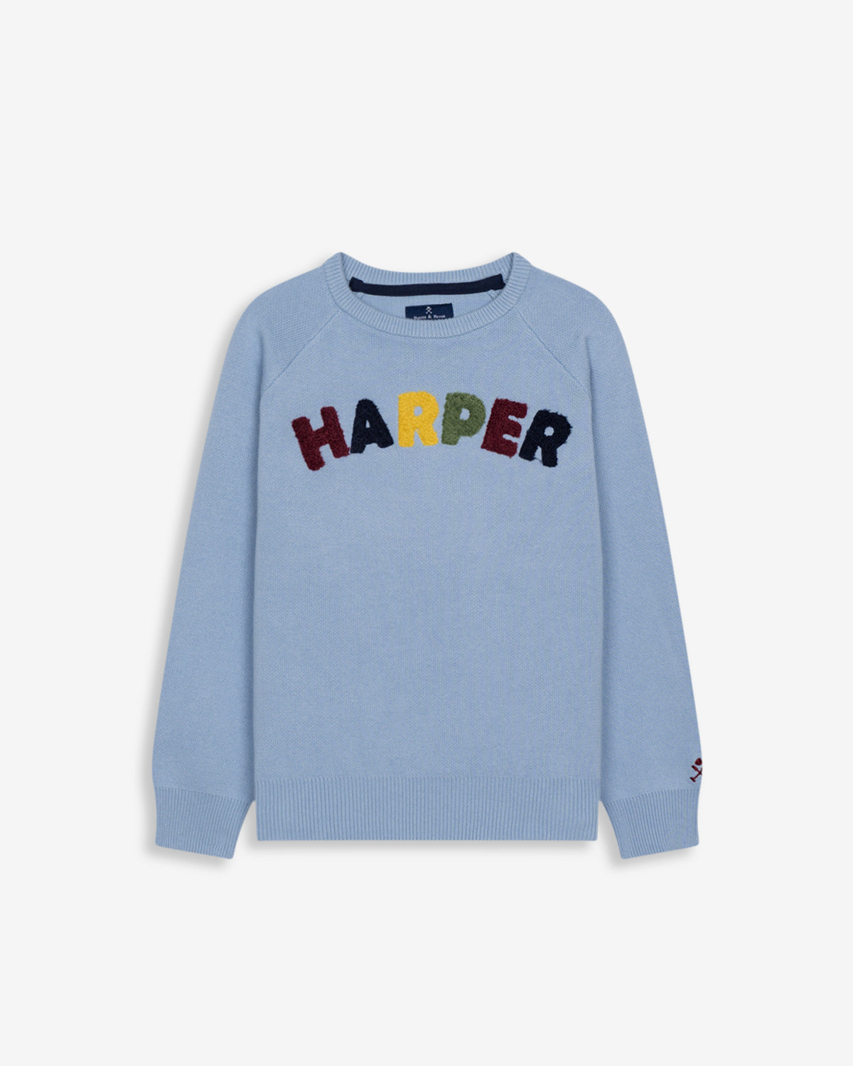 Jersey BALTIMORE KIDS de Harper & Neyer en azul cielo, vista frontal con gráfico college en marino y burdeos