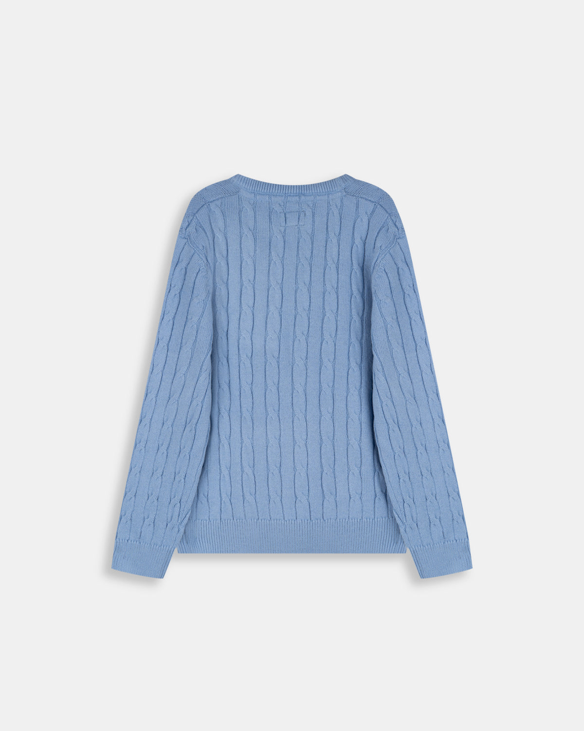 Jersey infantil de punto trenzado azul cielo pálido de Harper & Neyer, vista trasera con remate acanalado