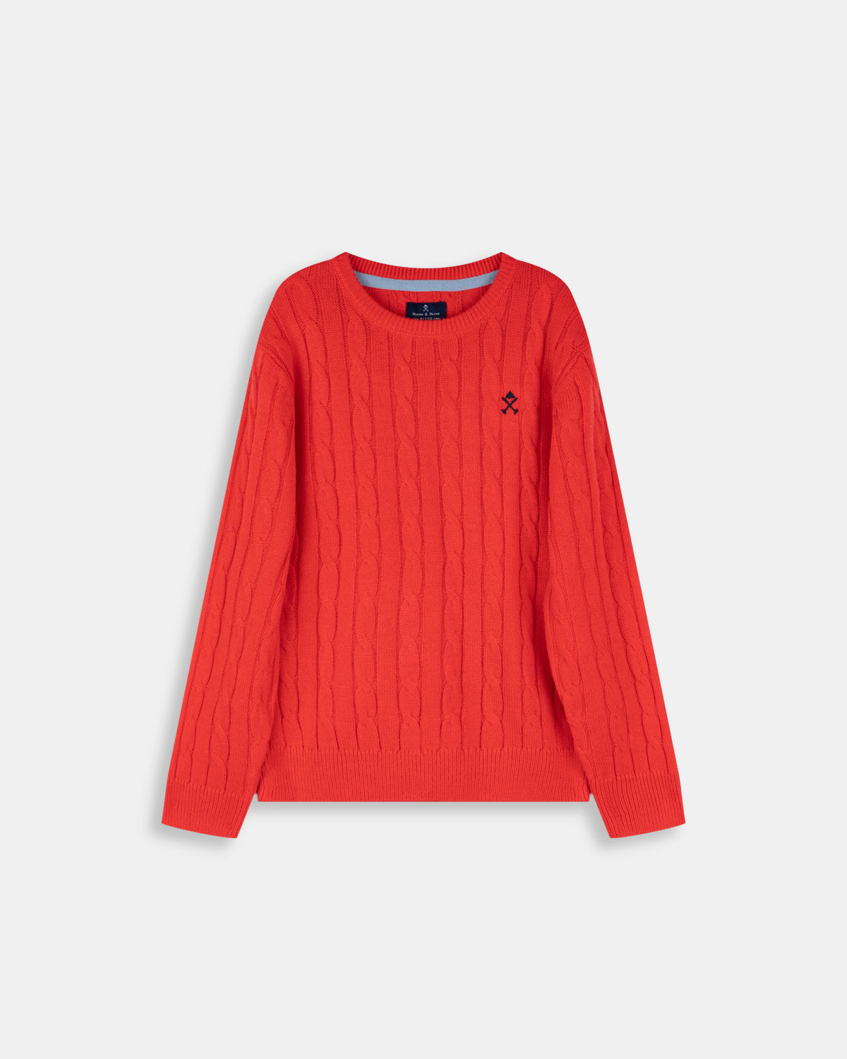 Jersey Cable Knit Kids de Harper & Neyer en rojo coral, vista frontal con punto trenzado