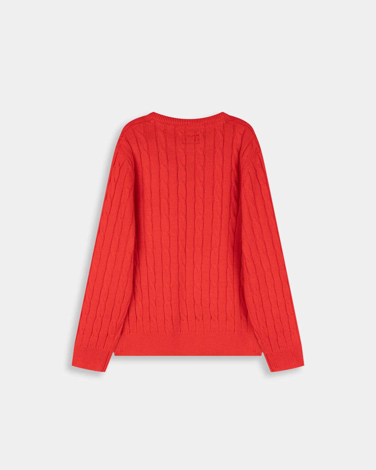 Jersey infantil de punto trenzado rojo coral de Harper & Neyer, vista trasera con remate acanalado