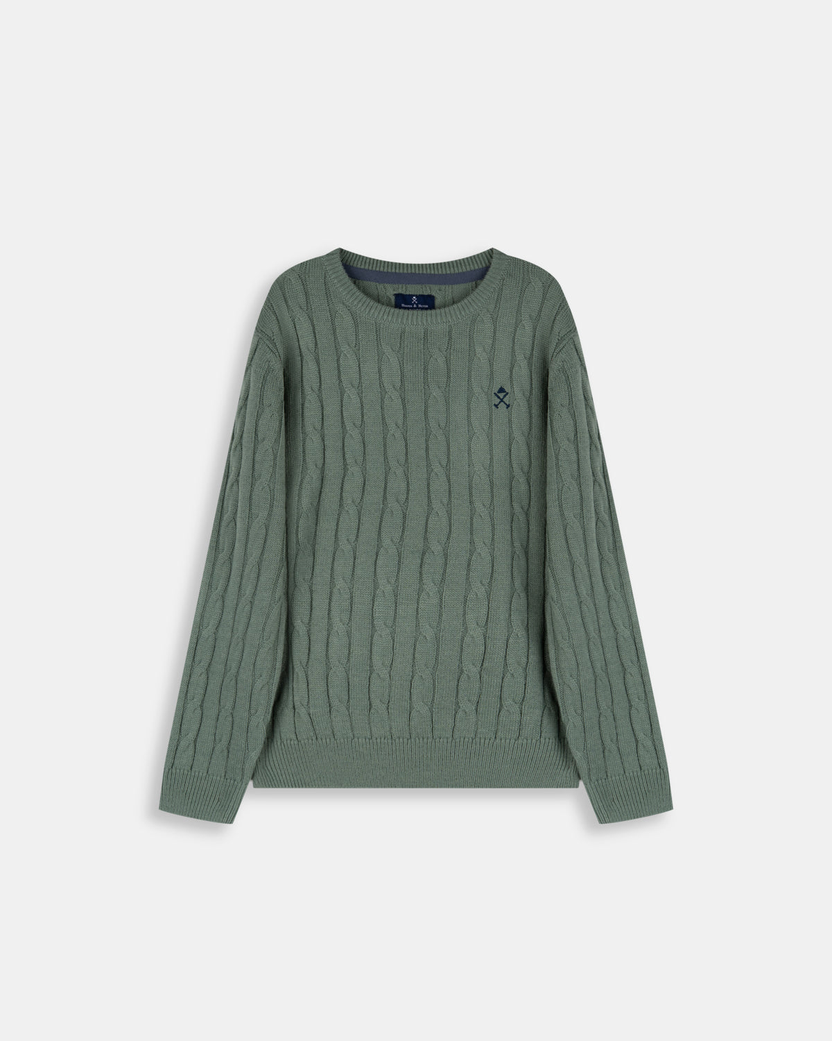 Jersey Cable Knit Kids de Harper & Neyer en verde salvia, vista frontal con punto trenzado