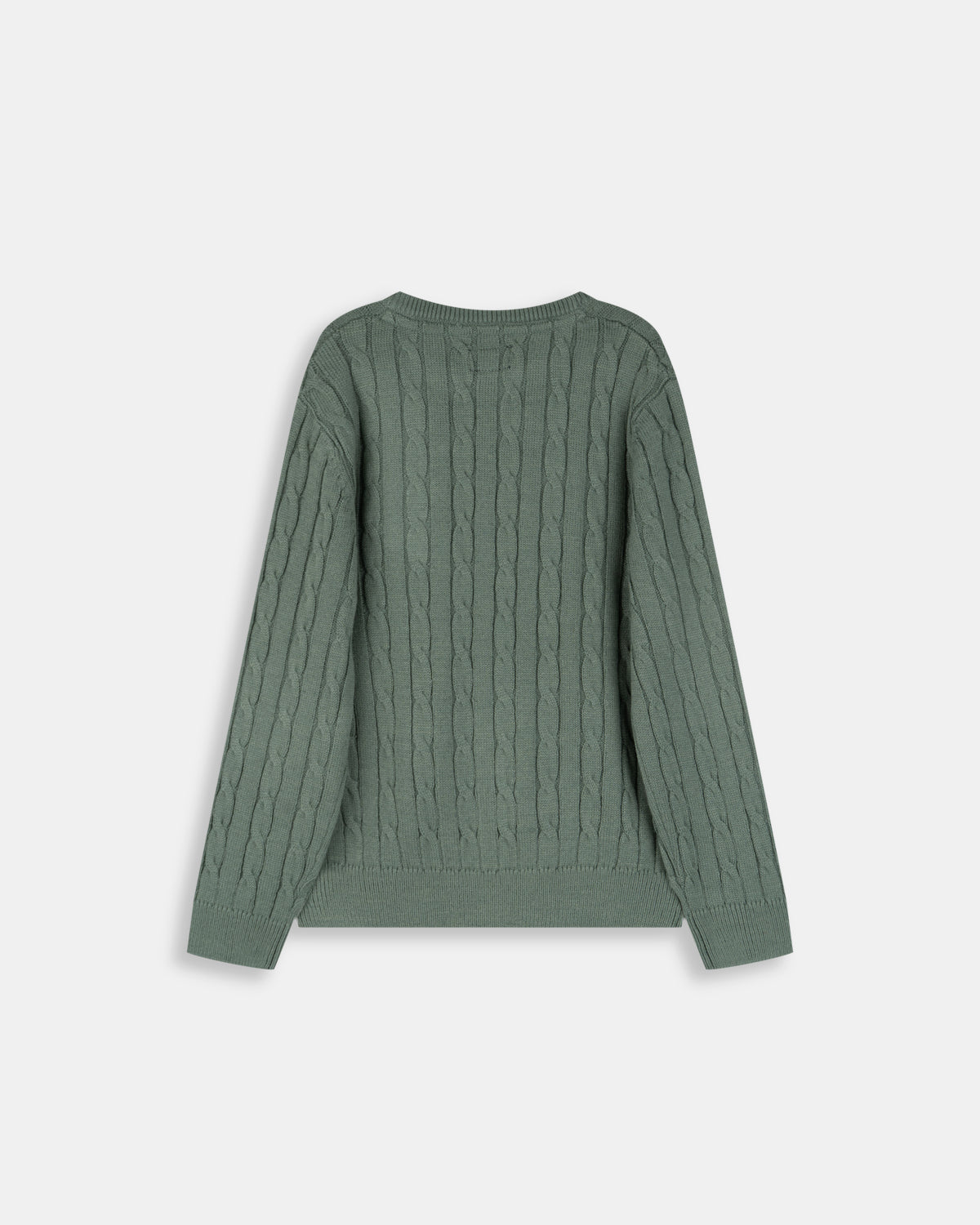 Jersey infantil de punto trenzado verde salvia de Harper & Neyer, vista trasera con remate acanalado