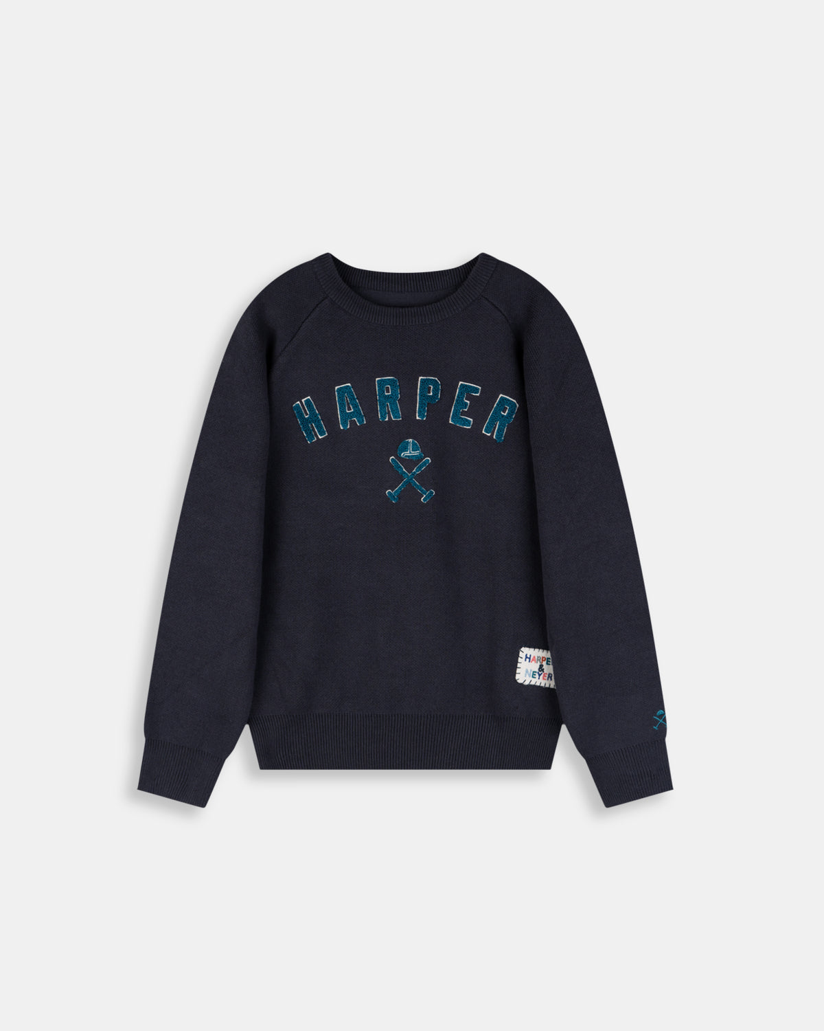 Jersey Retro Kids de Harper & Neyer en azul pizarra, bodegón frontal con lettering tono sobre tono