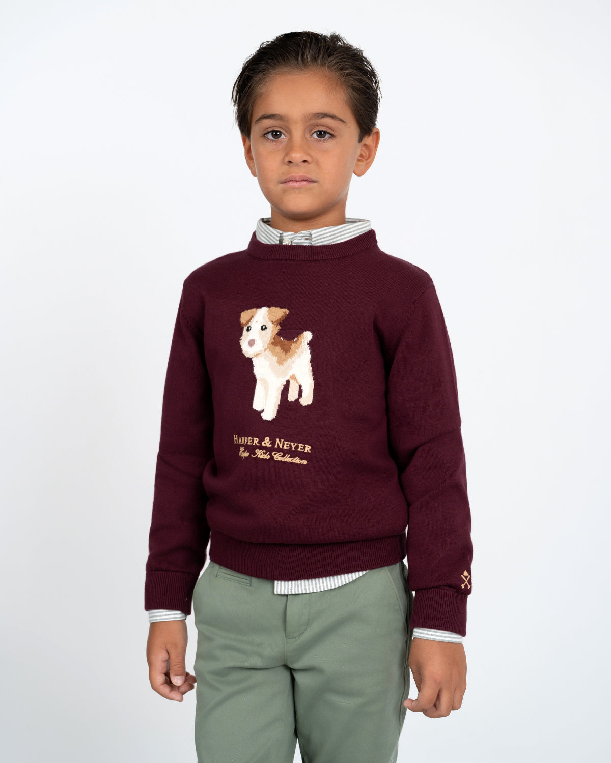 Jersey Windsor Tails Kids de Harper & Neyer en burdeos, modelo frontal con terrier jacquard