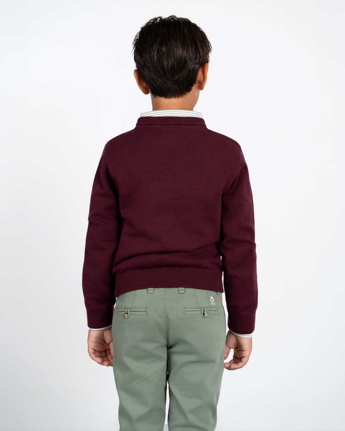 Jersey infantil burdeos de Harper & Neyer, modelo trasero con punto liso y bajo elástico