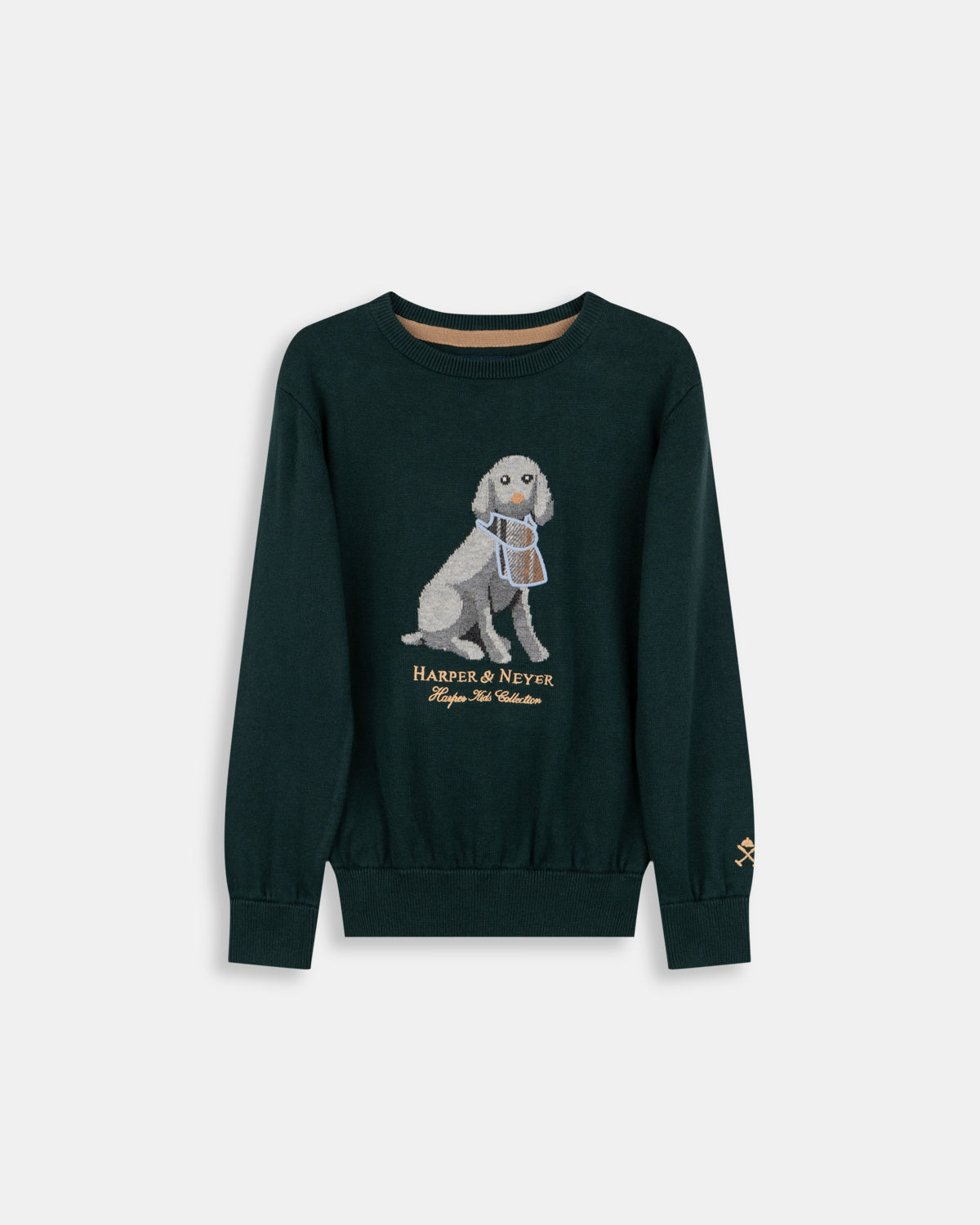 Jersey Windsor Tails Kids de Harper & Neyer en verde bosque, bodegón frontal con caniche jacquard