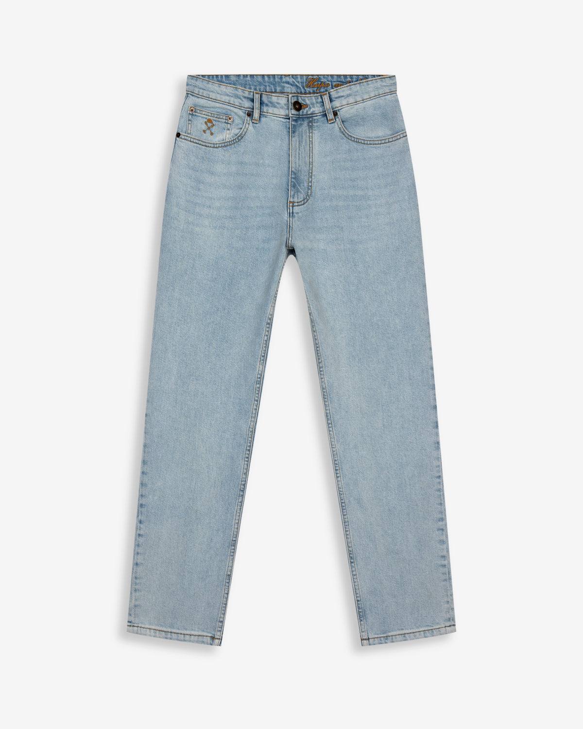 Pantalón DENIM de Harper & Neyer en denim claro, bodegón frontal del corte slim con pinzas