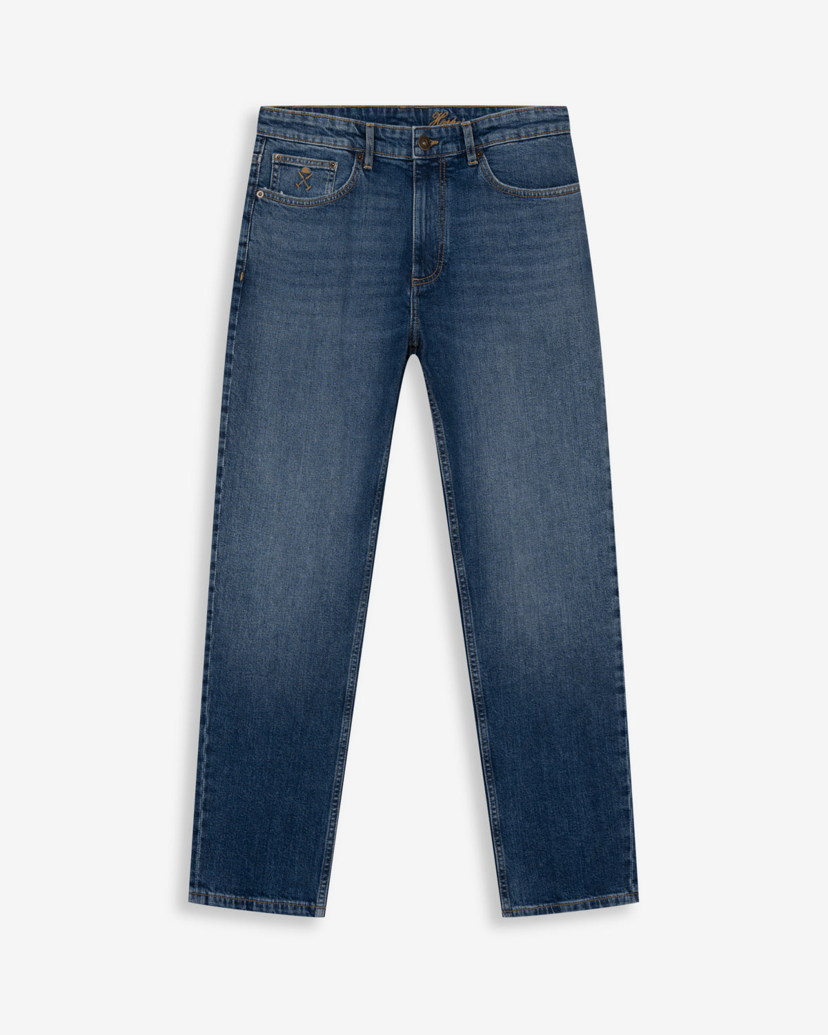 Pantalón DENIM de Harper & Neyer en denim medio, bodegón frontal del corte slim con pinzas