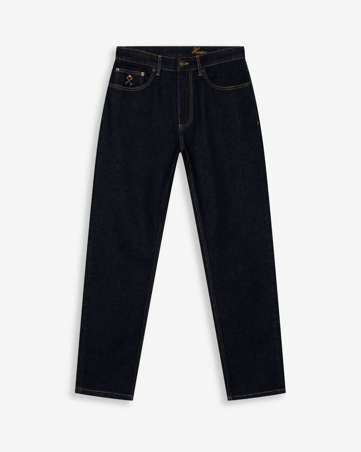 Pantalón DENIM de Harper & Neyer en denim oscuro, bodegón frontal del corte slim con pinzas