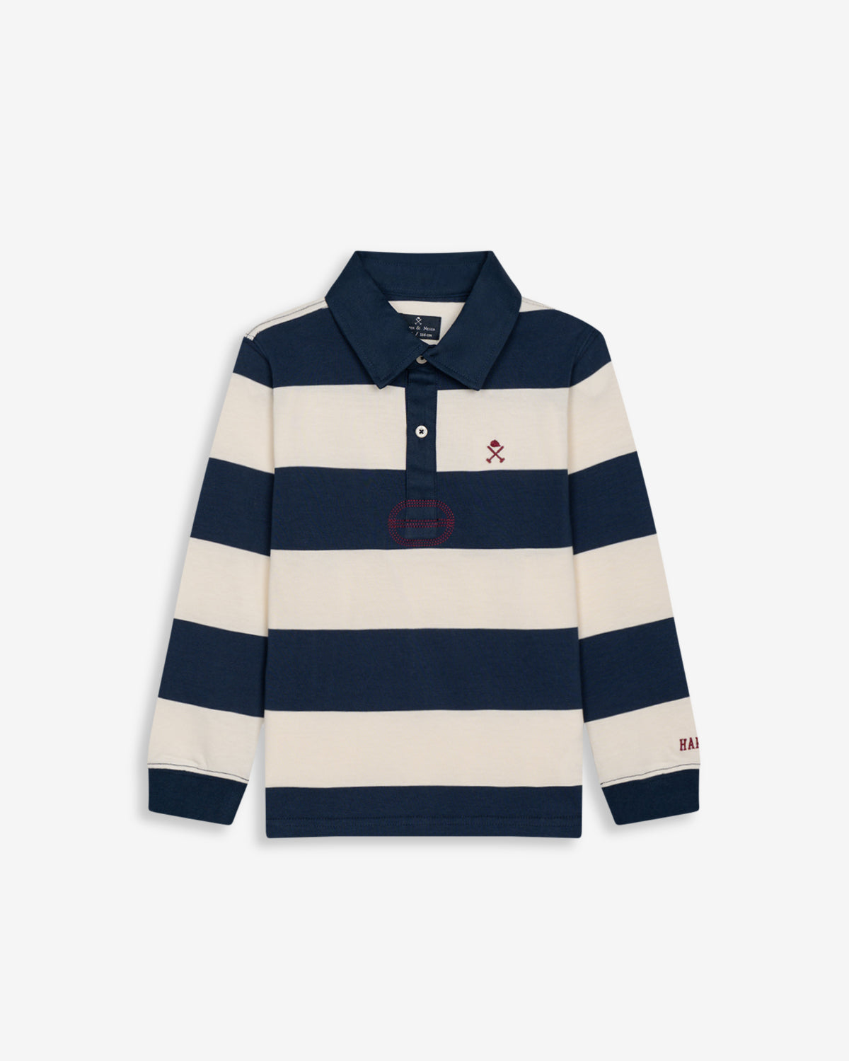 Polo rugby KIDS de Harper & Neyer a rayas azul marino y crudo, vista frontal con logo de la marca bordado