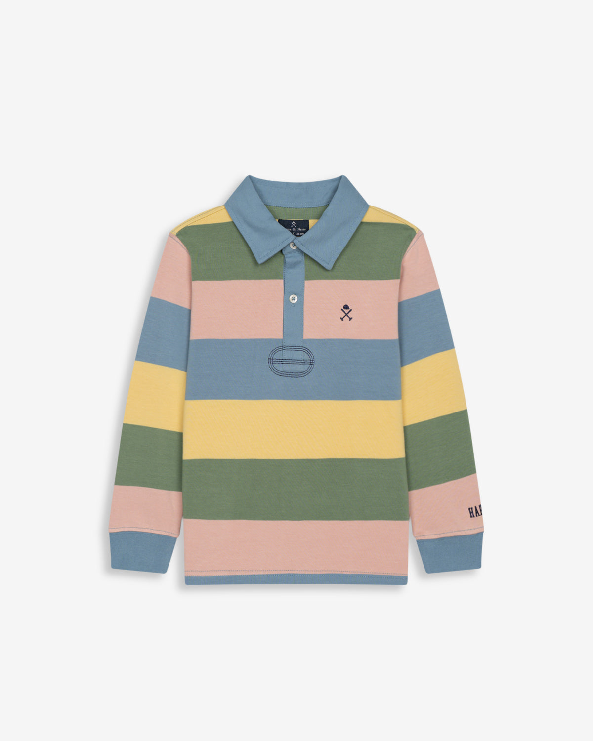 Polo rugby KIDS de Harper & Neyer a rayas multicolor, vista frontal con cuello y tapeta en azul acero