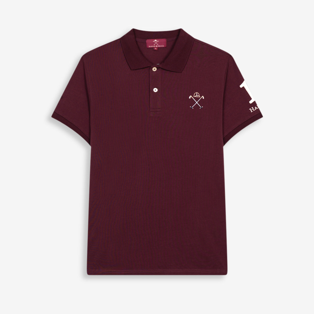 Polo WINNER de Harper & Neyer en algodón burdeos, bodegón frontal con número uno blanco en la manga