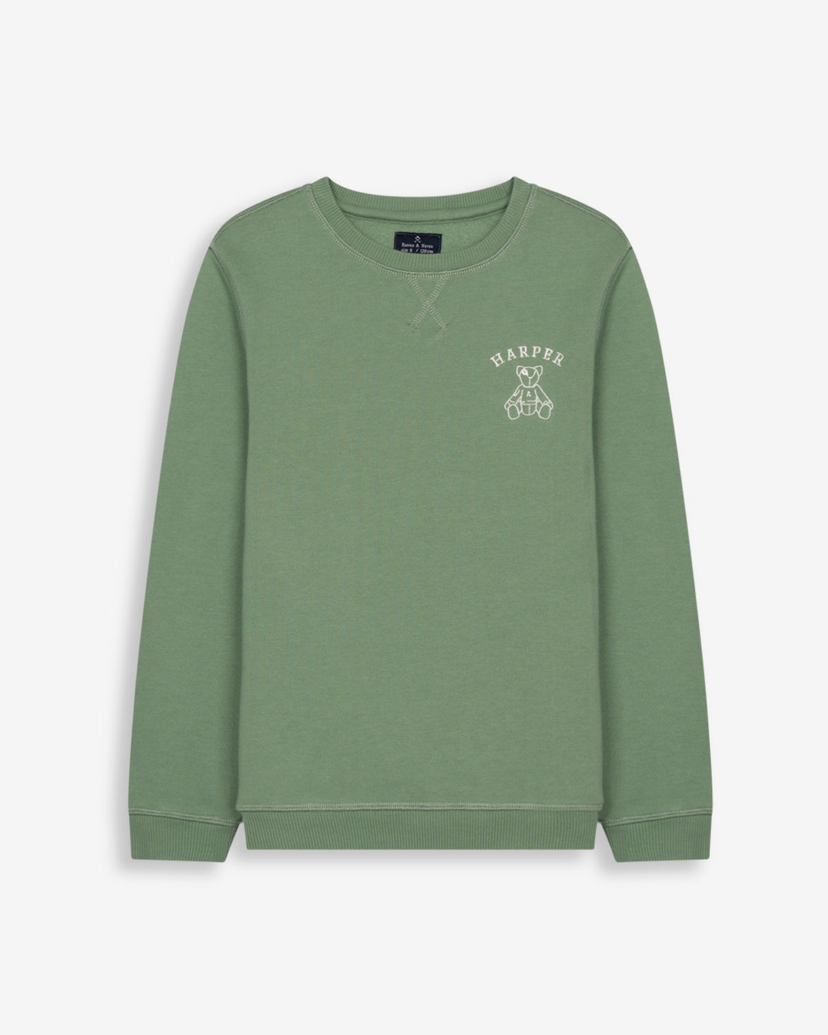 Sudadera ARTHUR KIDS verde salvia de Harper & Neyer, vista frontal con bordado Harper y osito en el pecho