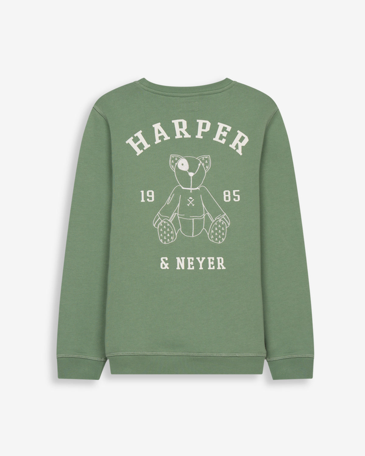 Sudadera ARTHUR KIDS verde salvia de Harper & Neyer, vista trasera con estampado del oso Arthur y Harper 1985