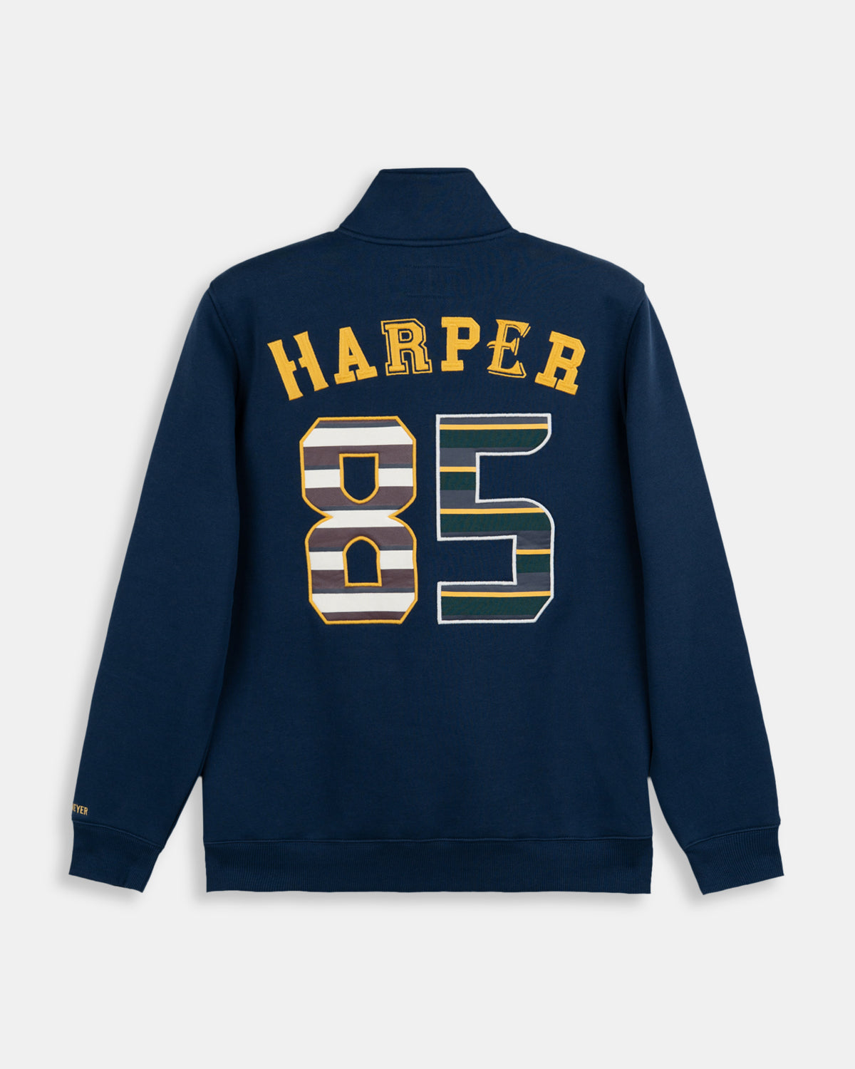 Sudadera Half-Zip Albany de Harper & Neyer en azul marino, bodegón trasero con dorsal Harper 85
