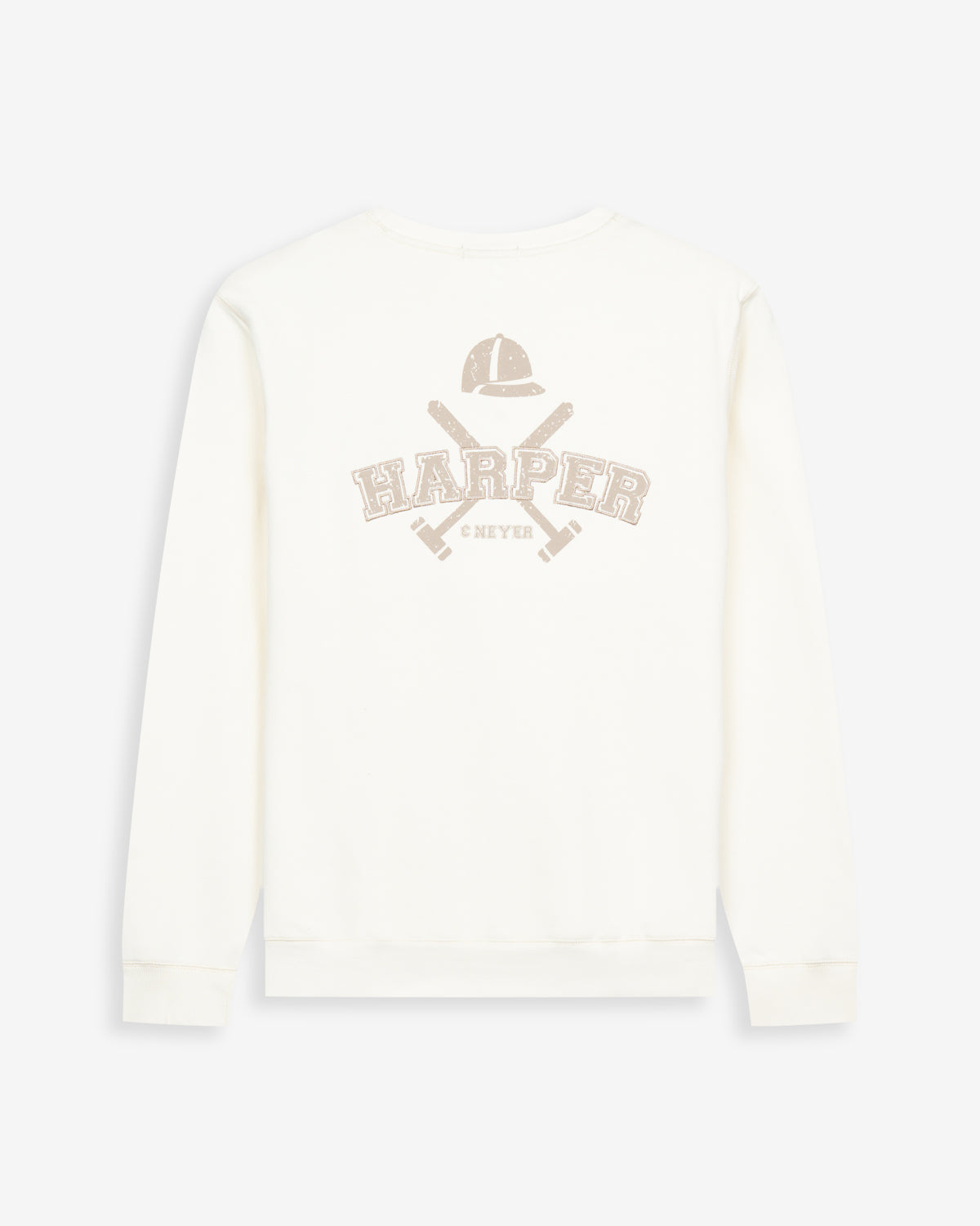 Sudadera MICHIGAN de Harper & Neyer en crudo, vista trasera con estampado vintage grande de casco y mazos