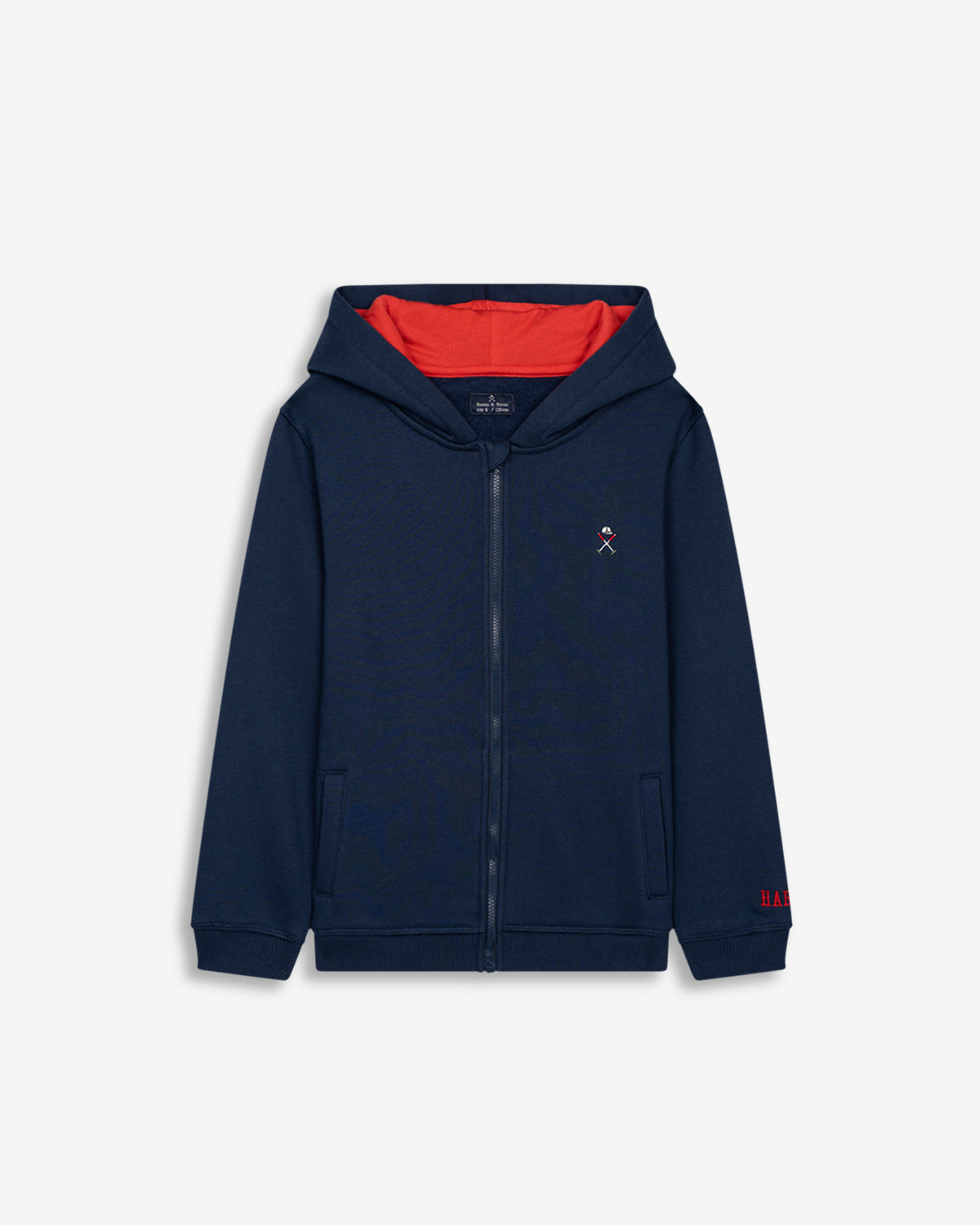 Sudadera SKI KIDS azul marino con capucha y cremallera de Harper & Neyer, vista frontal con logo bordado y forro rojo