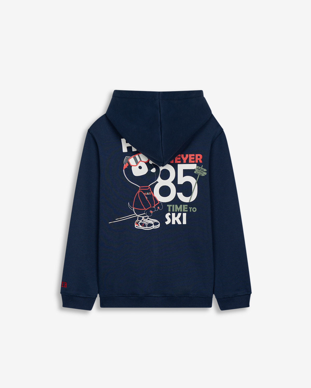 Sudadera SKI KIDS azul marino de Harper & Neyer, vista trasera con estampado Time to Ski 85 y oso polar esquiador