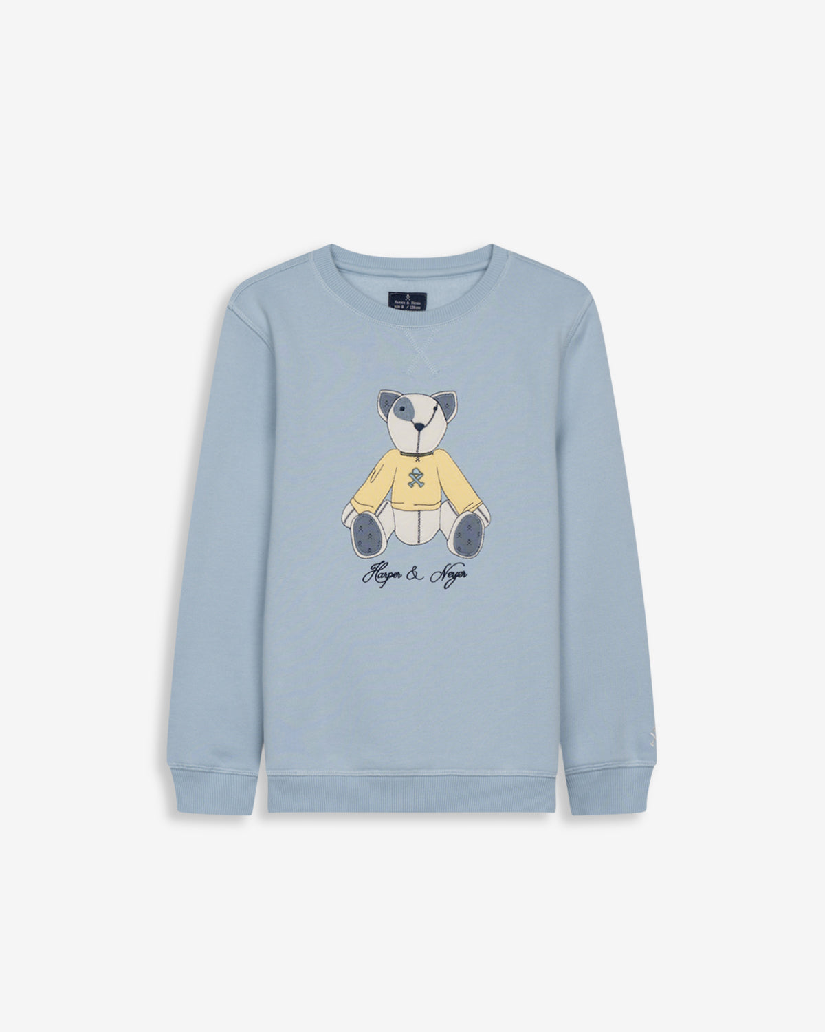 Sudadera TEDDY KIDS azul cielo de Harper & Neyer, vista frontal con appliqué de oso de peluche y firma bordada