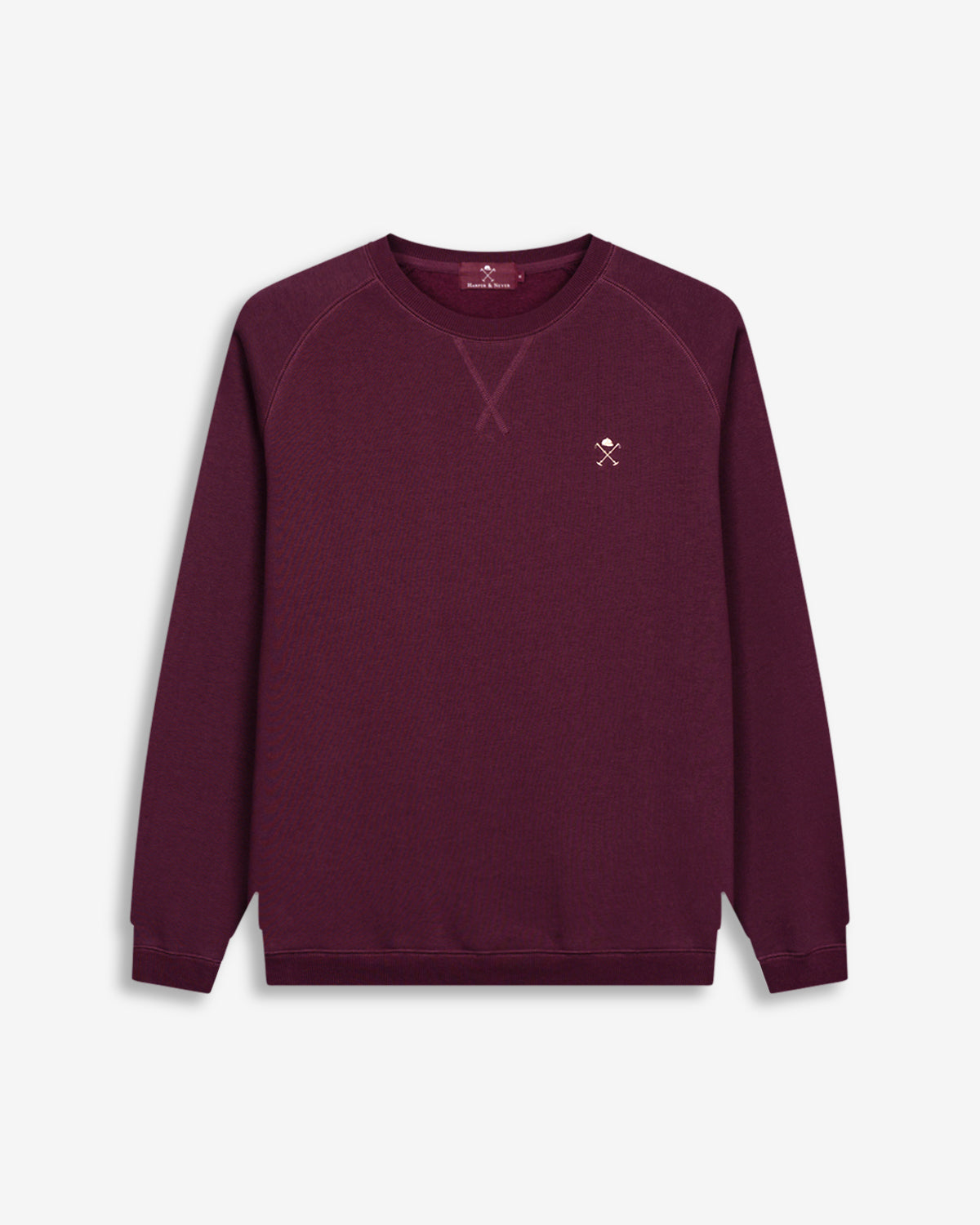 Sudadera VICTORY de Harper & Neyer en algodón burdeos, bodegón frontal con bordado crema y manga ranglan
