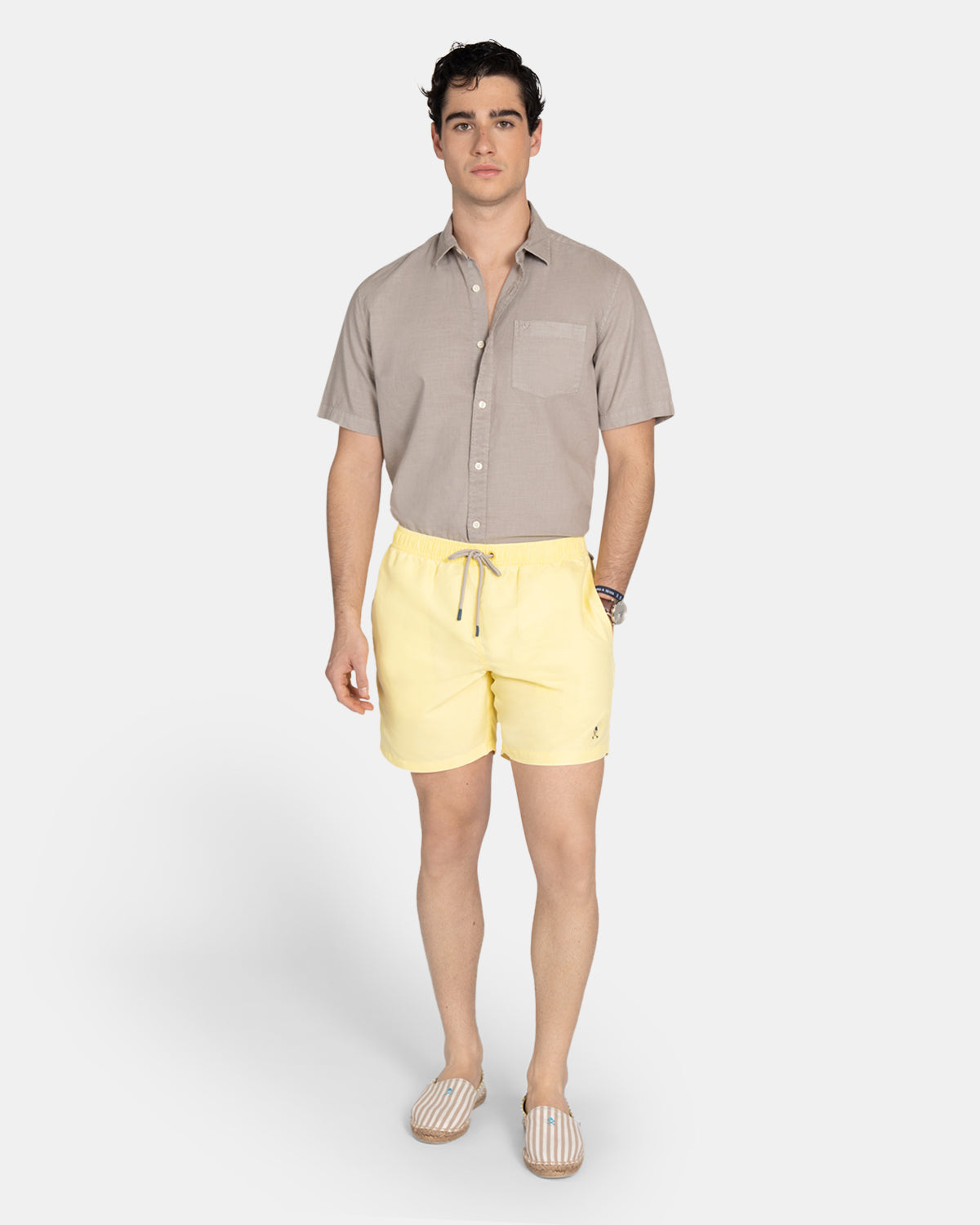 Men's Classic yellow swimsuit - beach look with shirt and Harper & Neyer espadrilles