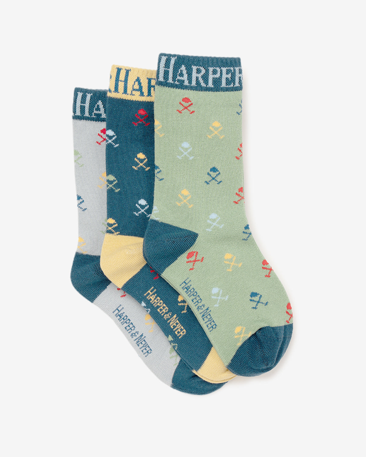 Calcetines MULTILOGO KIDS de Harper & Neyer en verde y azul, dos piezas del pack extendidas