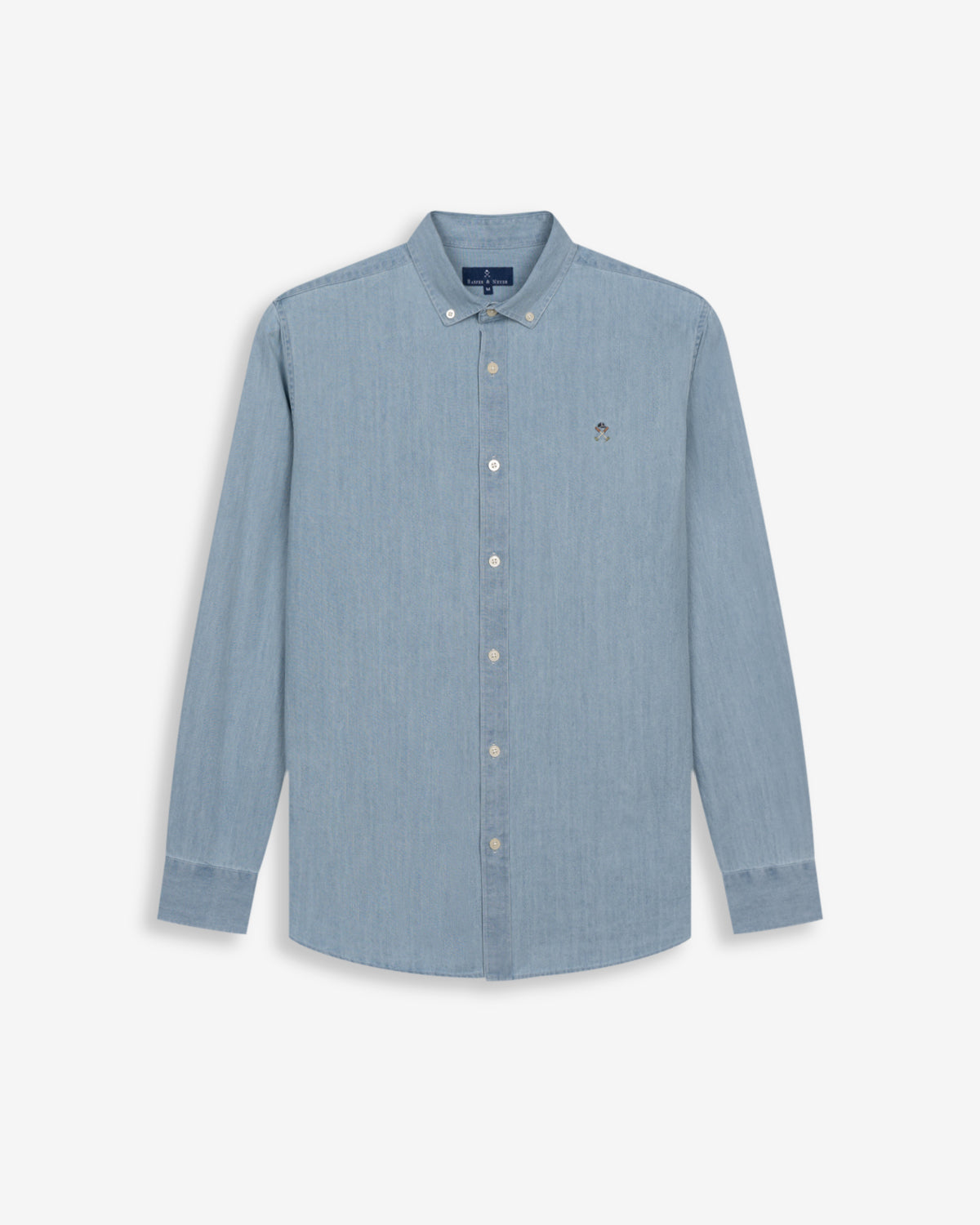 Camisa vaquera de Harper & Neyer en denim claro, cuello button down y logo bordado, vista frontal
