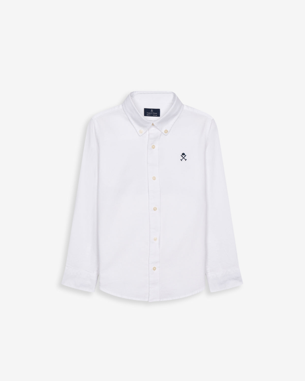 Camisa oxford ICON KIDS de Harper & Neyer en blanco, vista frontal con cuello button down y logo bordado