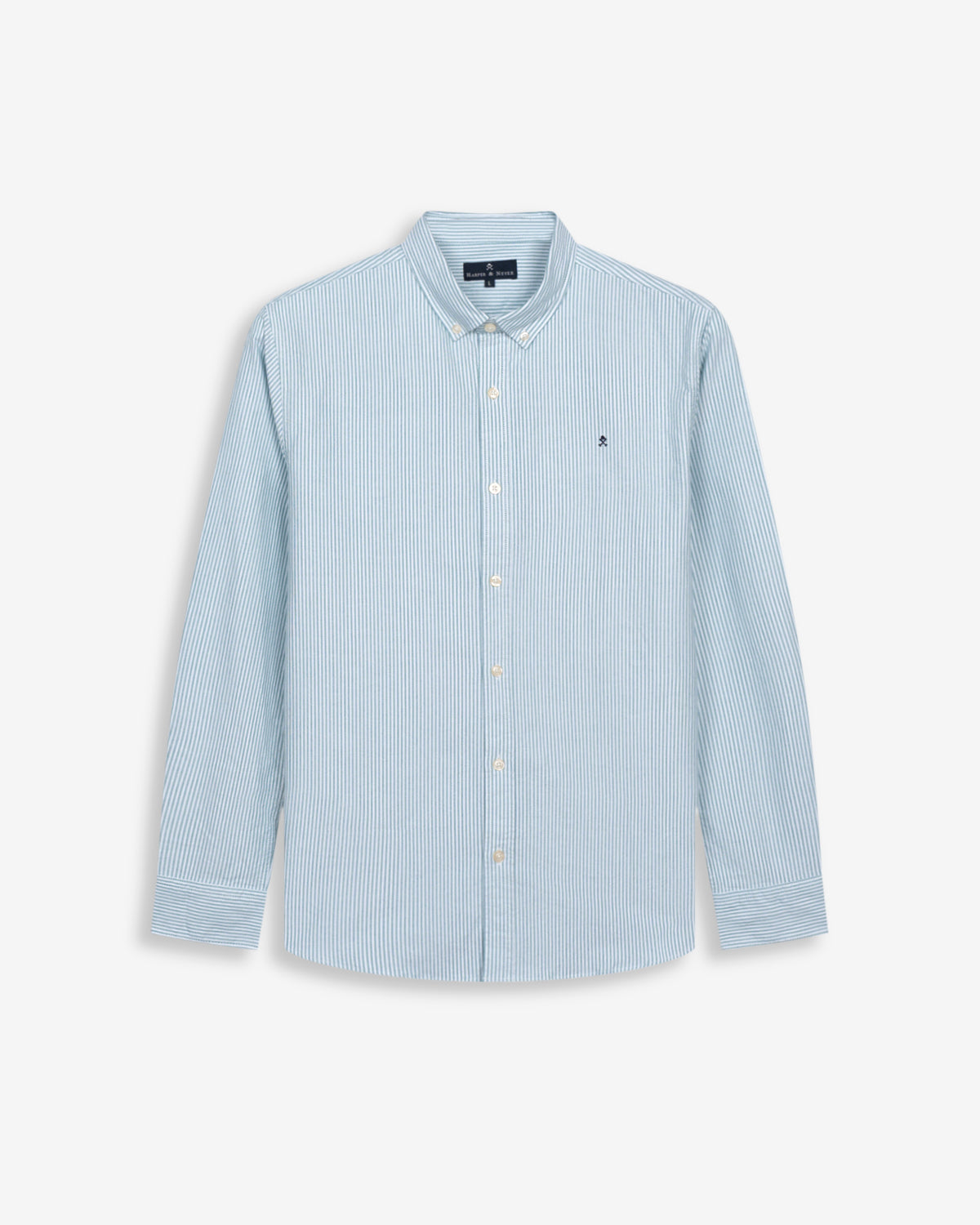 Camisa MEDITERRANEO de Harper & Neyer a rayas verde agua, packshot frontal sobre fondo blanco