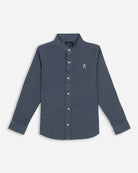 Camisa Navy Seal Kids de Harper & Neyer en lino y algodón azul marino, plano frontal con cuello mao y bordado logo de la marca en blanco