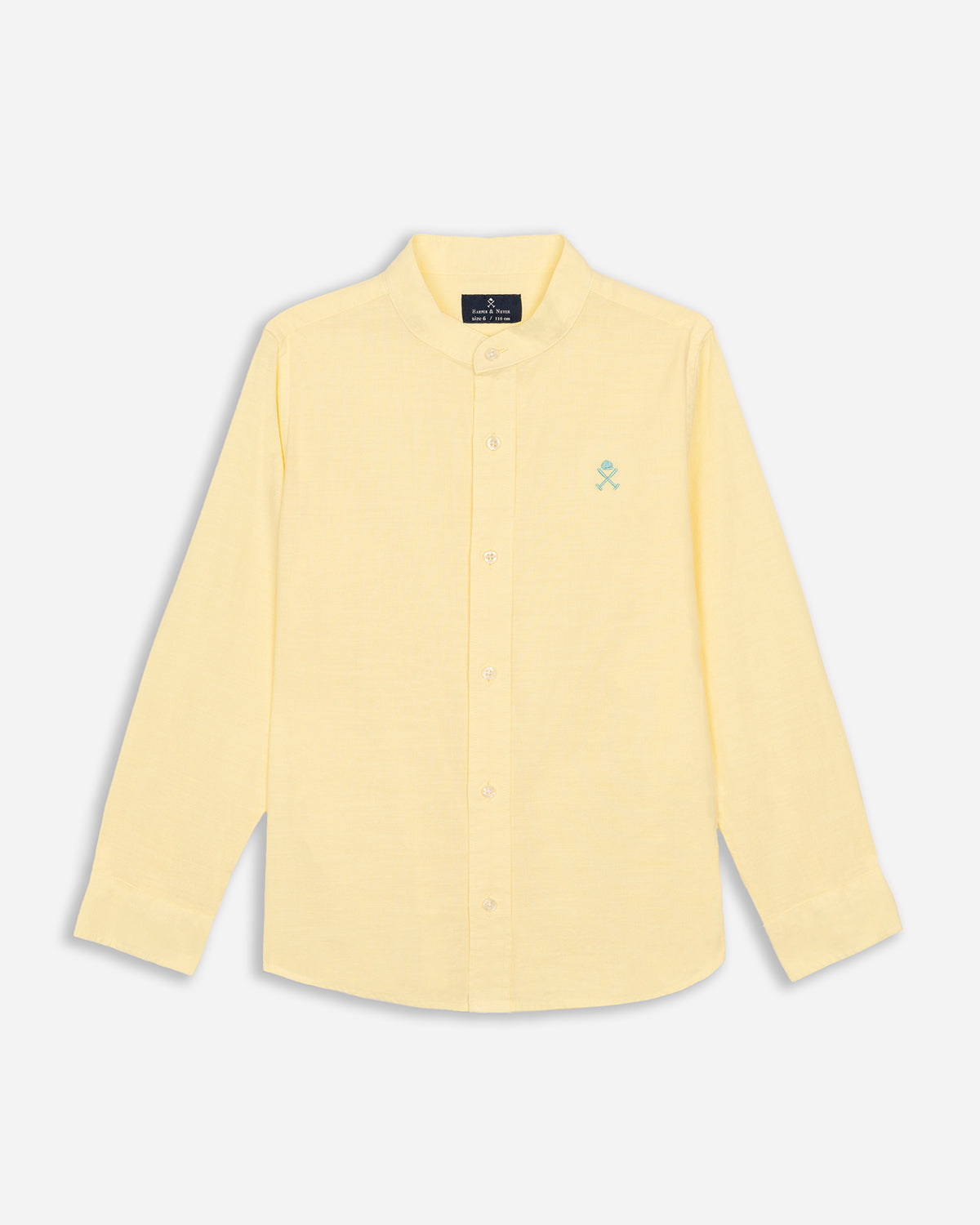 Camisa Navy Seal Kids de Harper & Neyer en lino y algodón amarillo limón, plano frontal con cuello mao y bordado logo de la marca en verde menta
