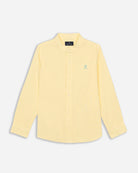 Camisa Navy Seal Kids de Harper & Neyer en lino y algodón amarillo limón, plano frontal con cuello mao y bordado logo de la marca en verde menta