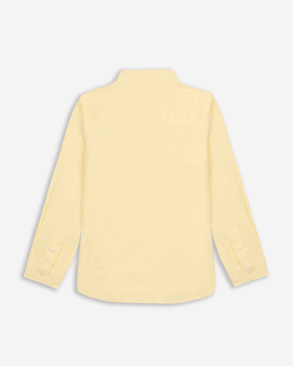 Camisa Navy Seal Kids en lino y algodón amarillo limón, plano trasero con cuello mao y puños con botones de nácar