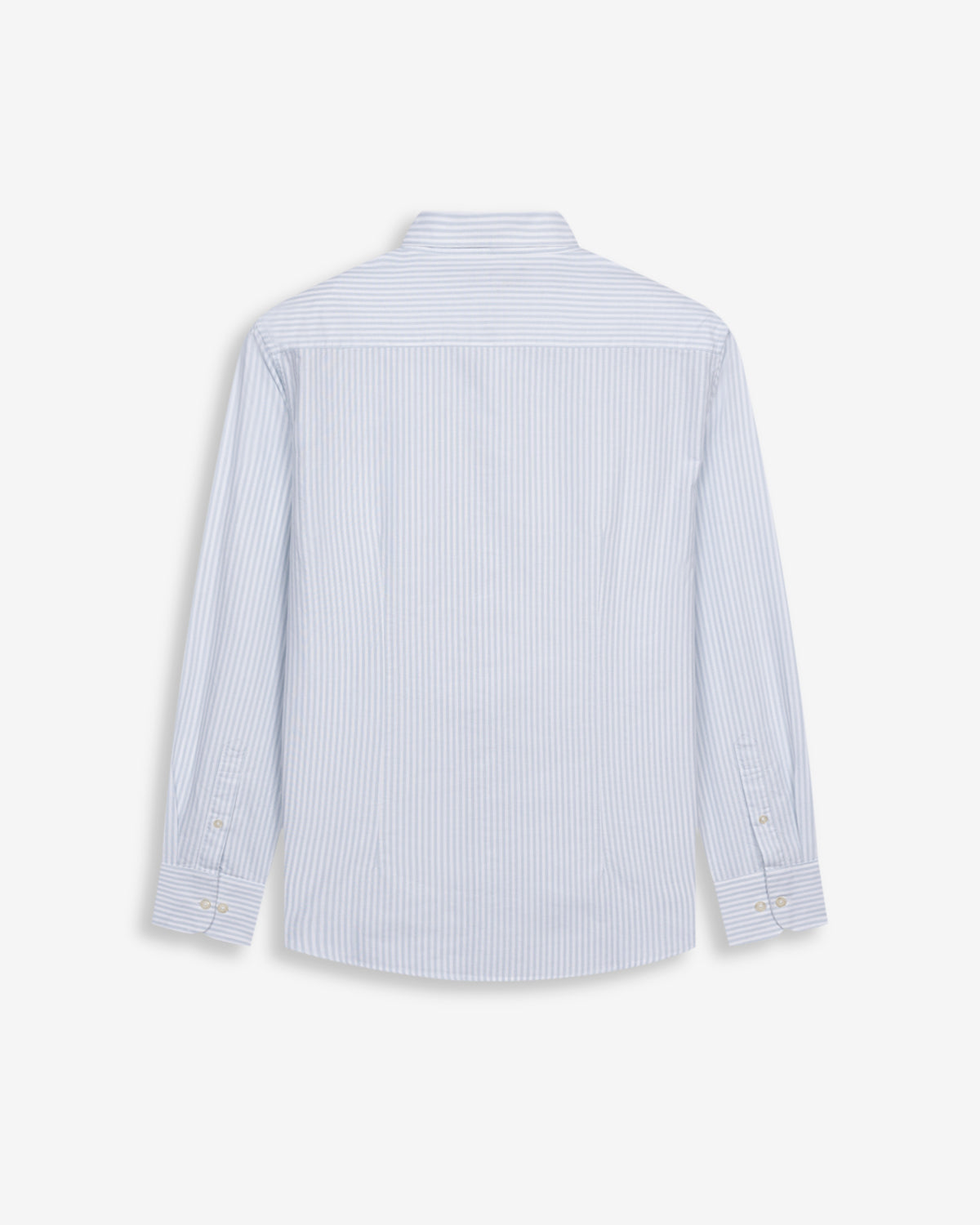 Camisa North Sea de Harper & Neyer de rayas azul cielo, vista trasera con canesú y puños abotonados