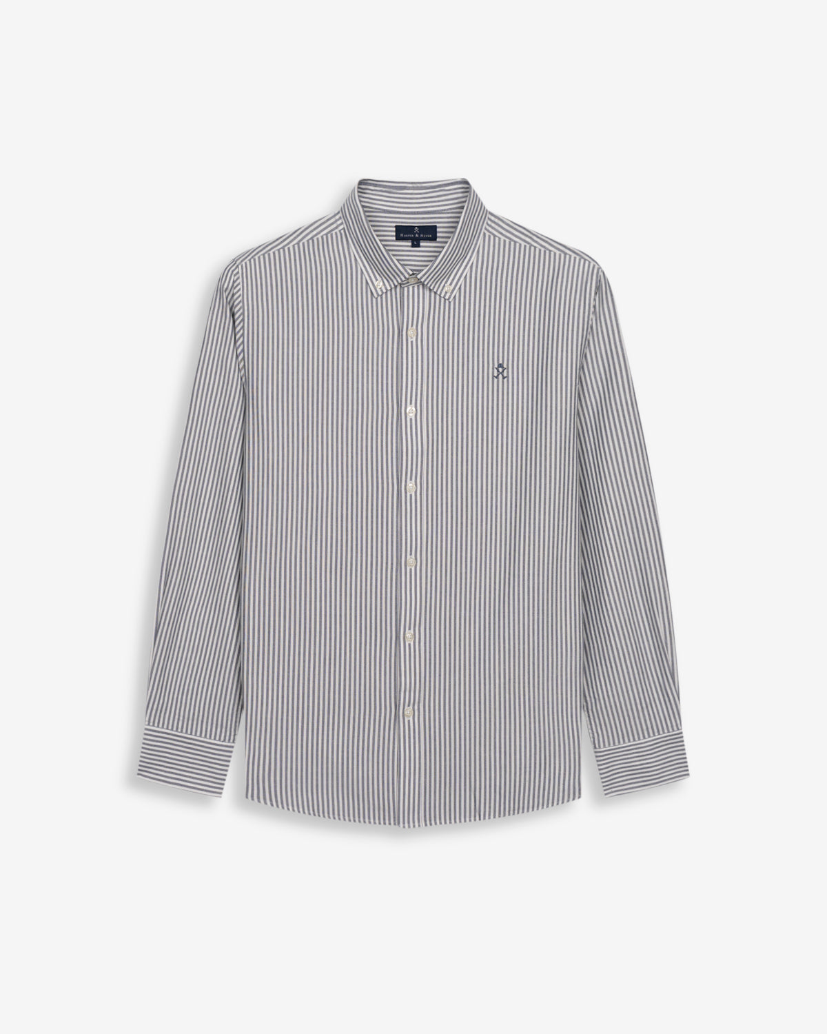 Camisa North Sea de Harper & Neyer de rayas azul marino, cuello button down y logo bordado, vista frontal