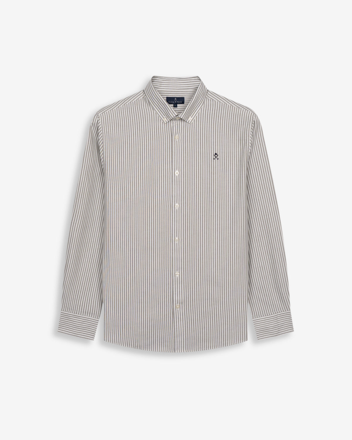 Camisa North Sea de Harper & Neyer de rayas verde musgo, cuello button down y logo bordado, vista frontal